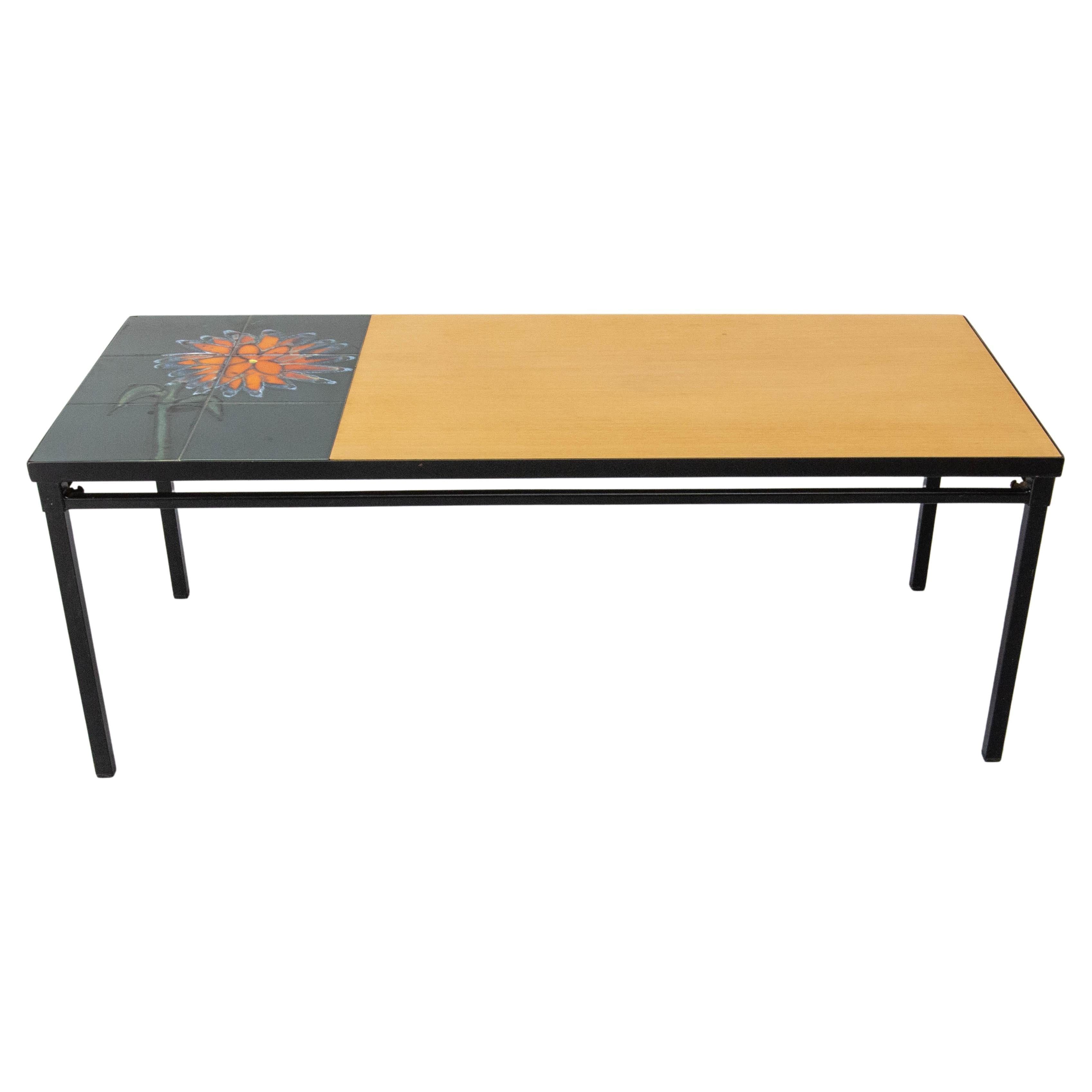 French Coffee Table Vallauris Glazed Ceramics Poplar and Iron, circa 1970 For Sale