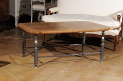 French Coffee Table with Antique Walnut Parquetry Top and Baluster Iron Base