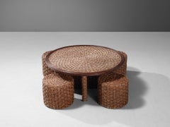 French Coffee Table with Four Stools in Rope and Cane