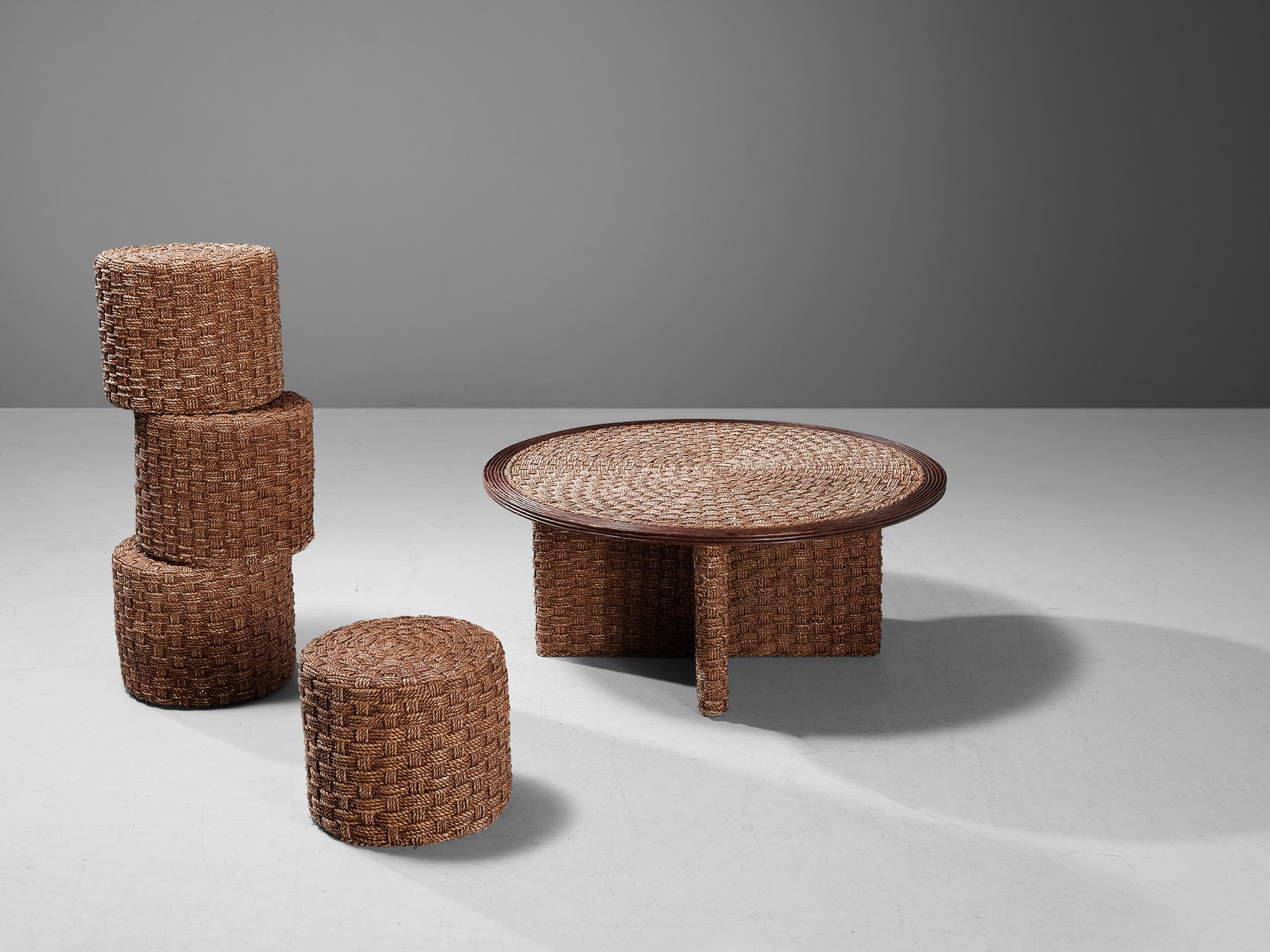Mid-Century Modern French Coffee Table with Four Stools in Rope and Cane