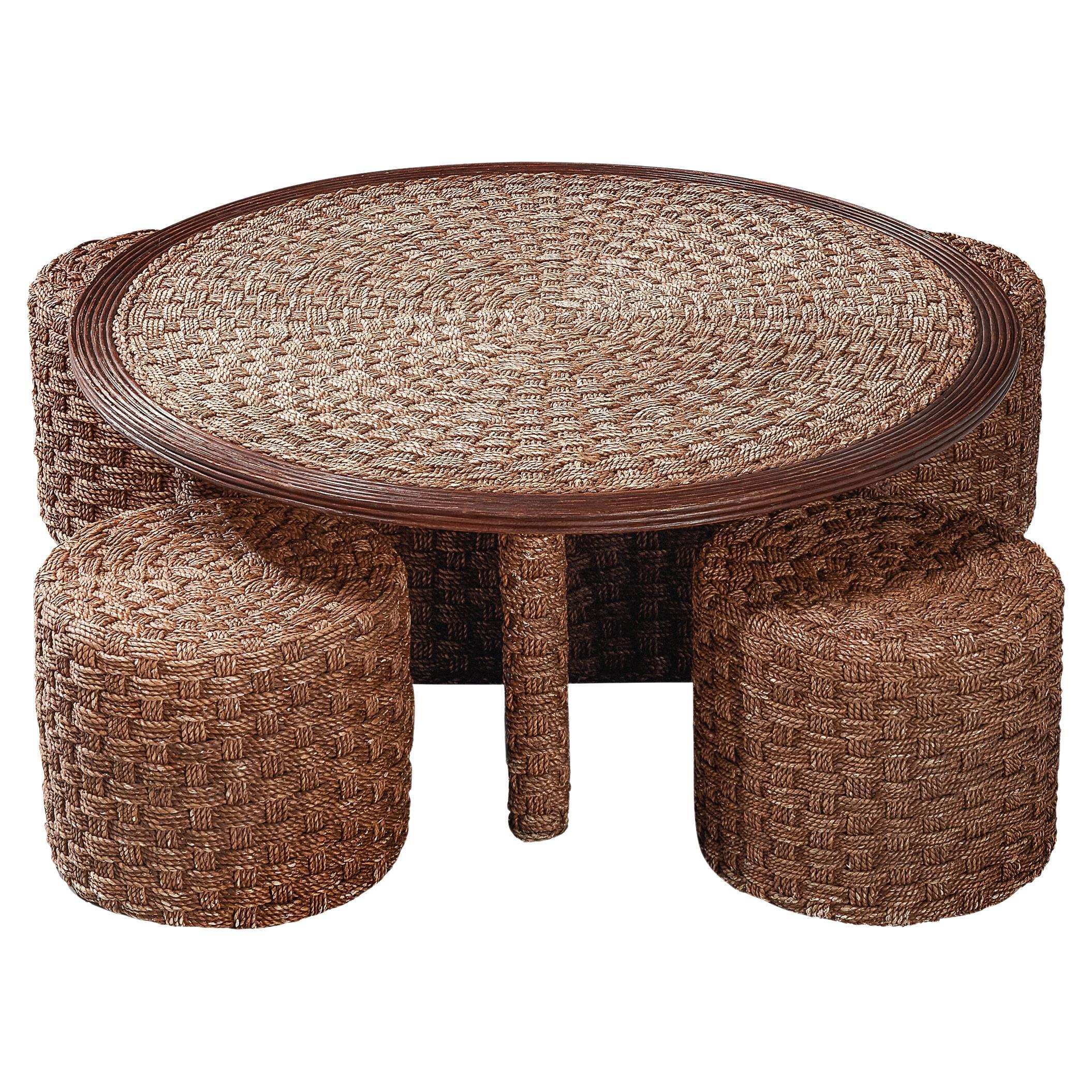 French Coffee Table with Four Stools in Rope and Cane For Sale at 1stDibs |  coffee table with stools