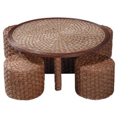 French Coffee Table with Four Stools in Rope and Cane 