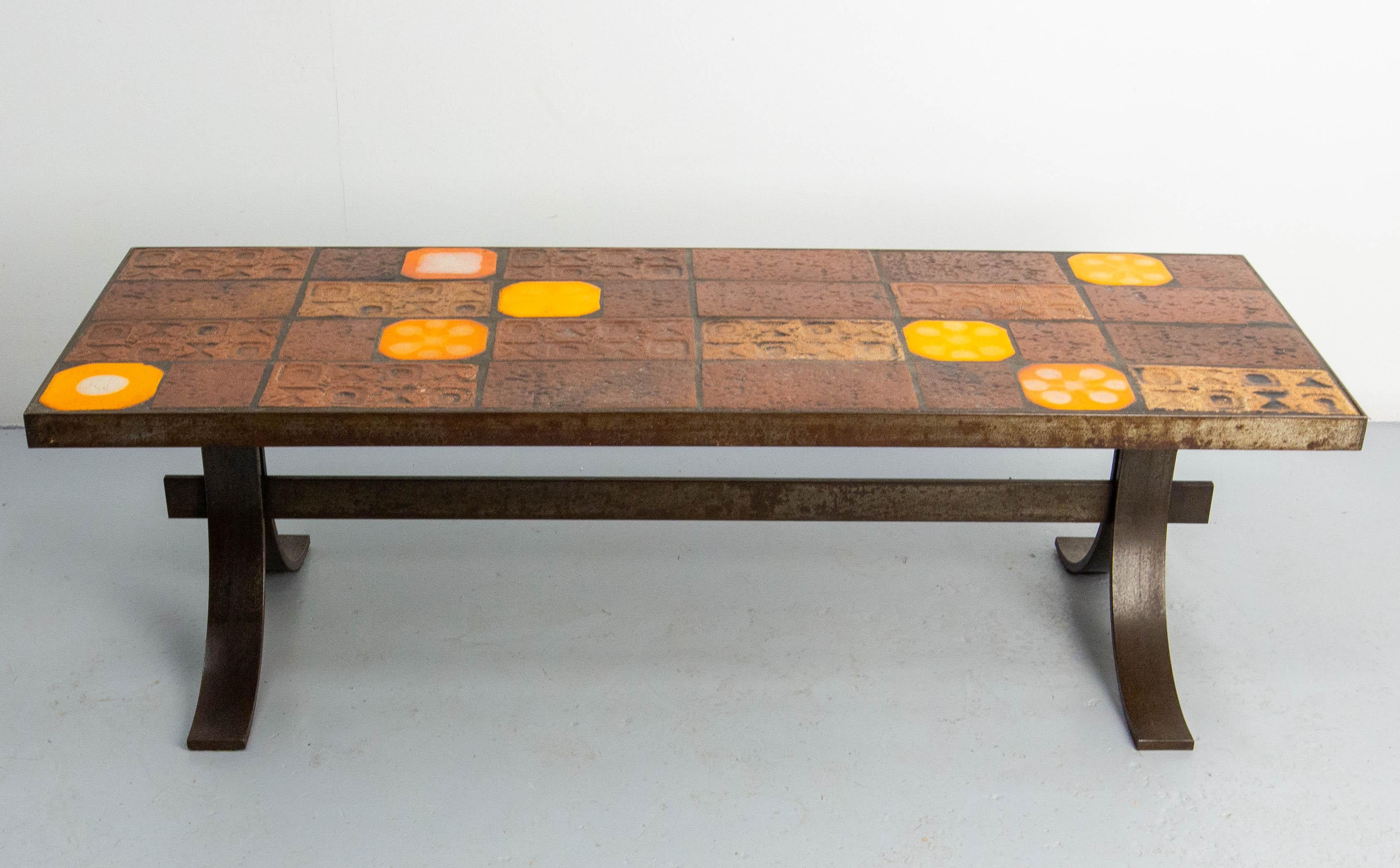 Mid-20th Century French Coffee Table with Glazed Ceramics in the st of Roger Capron, circa 1960 For Sale