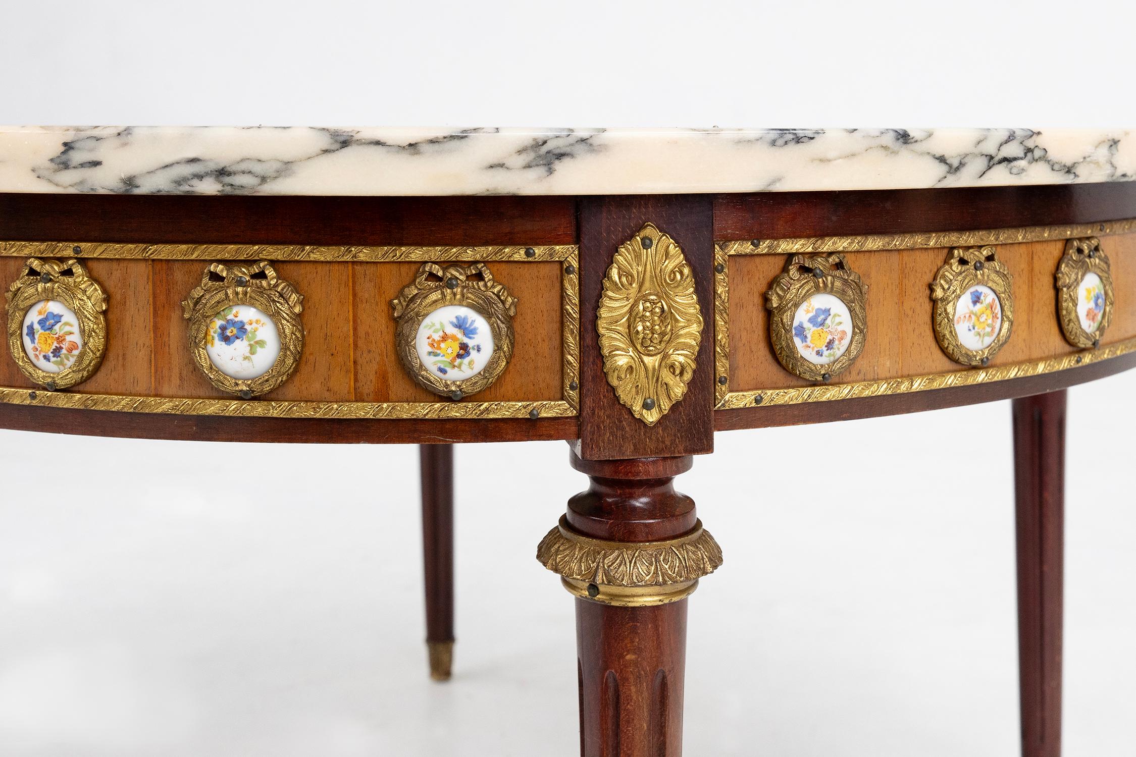 Empire Revival French coffee table with pink marble top and Limoges plaques, ca. 1950