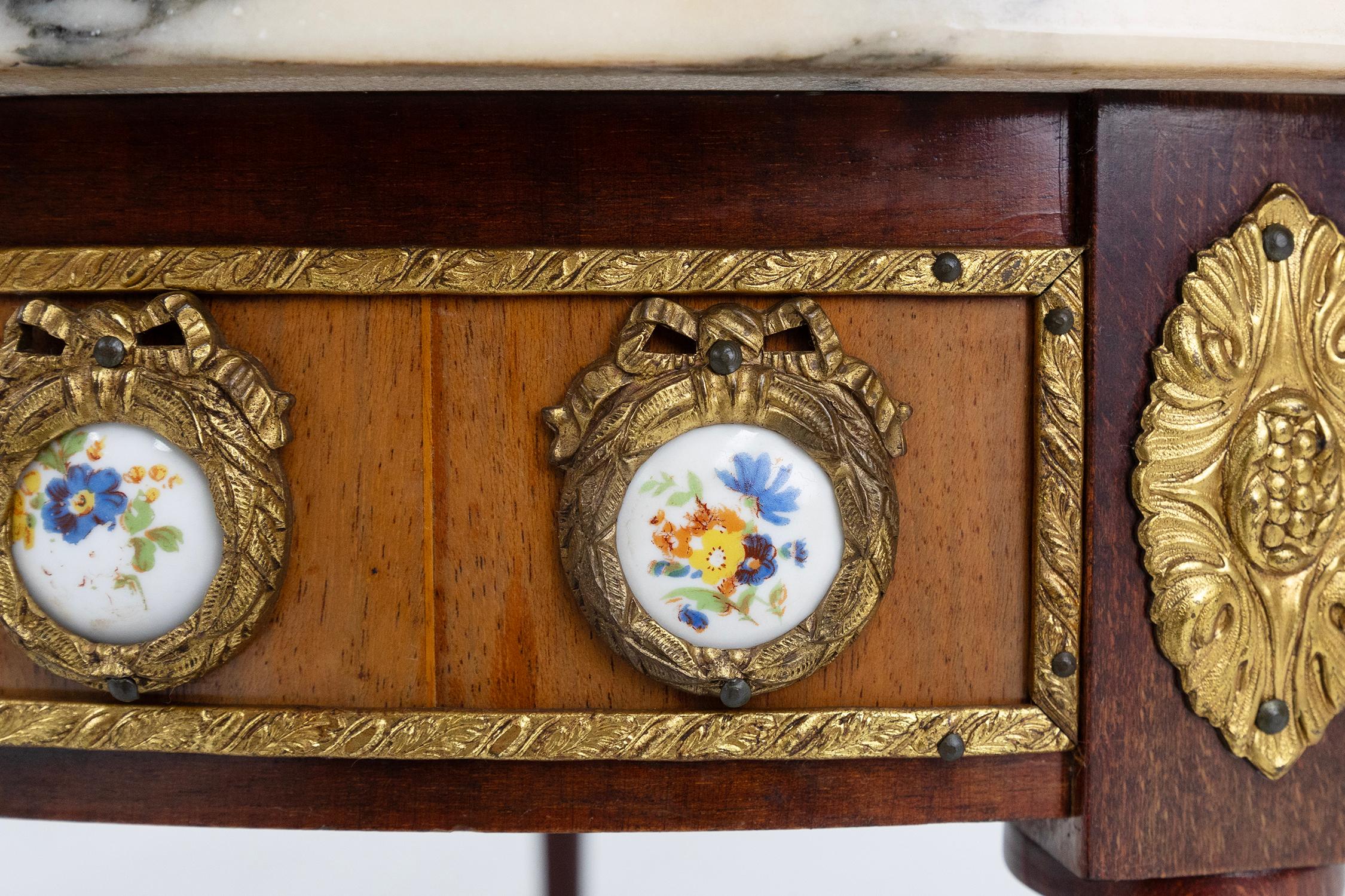 Hand-Painted French coffee table with pink marble top and Limoges plaques, ca. 1950