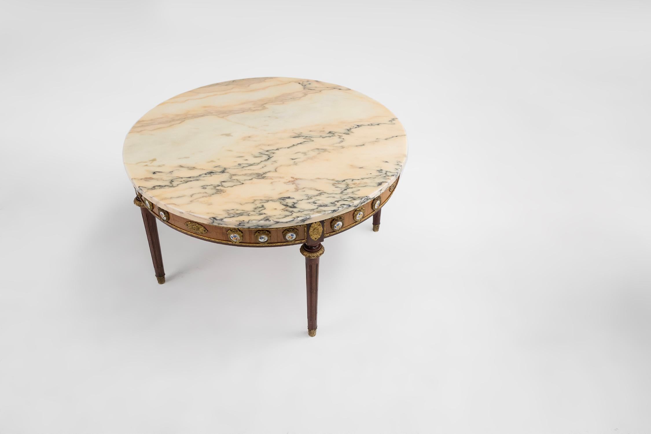 Mid-20th Century French coffee table with pink marble top and Limoges plaques, ca. 1950