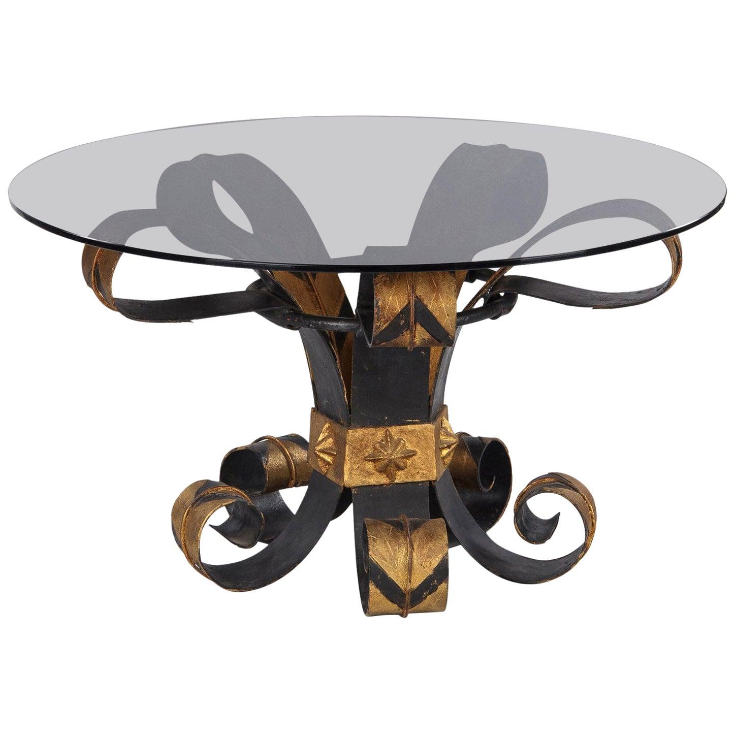 French Coffee Table with Smoked Glass Top and Wrought Iron Base, 1960s