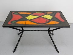 French Coffee Table Wrought Iron & Glazed Ceramics, circa 1960