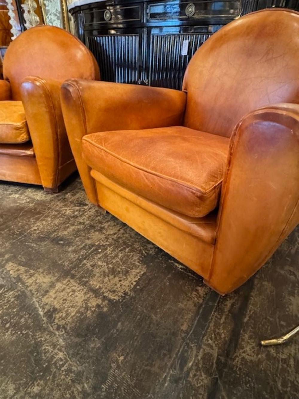 French Cognac Leather Club Chairs 6