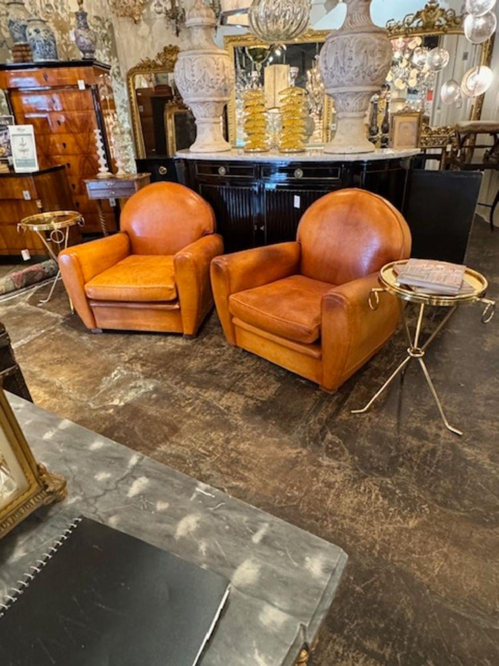 French Cognac Leather Club Chairs In Good Condition In Dallas, TX