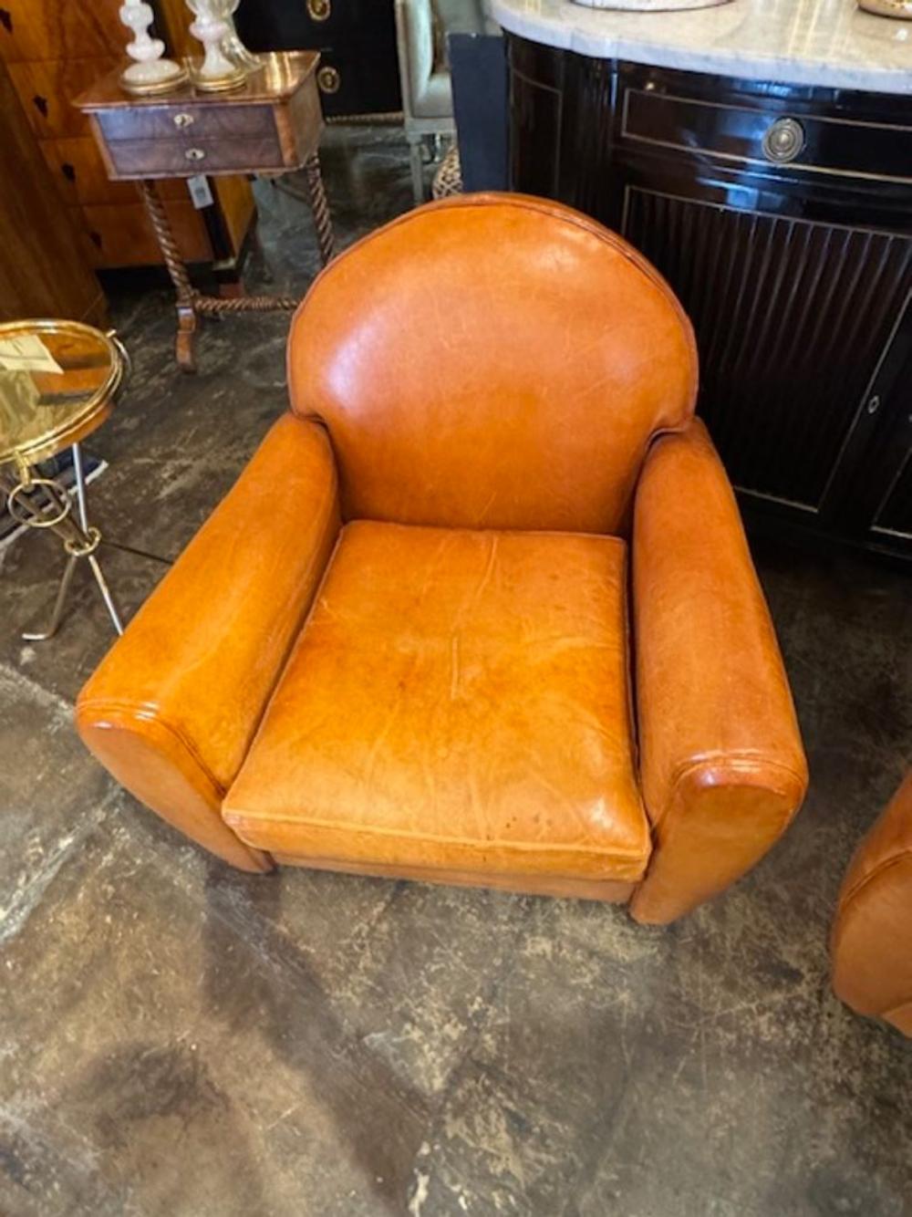 Mid-20th Century French Cognac Leather Club Chairs