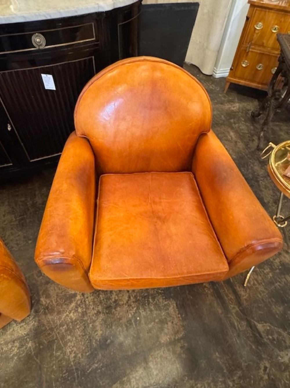 French Cognac Leather Club Chairs 1