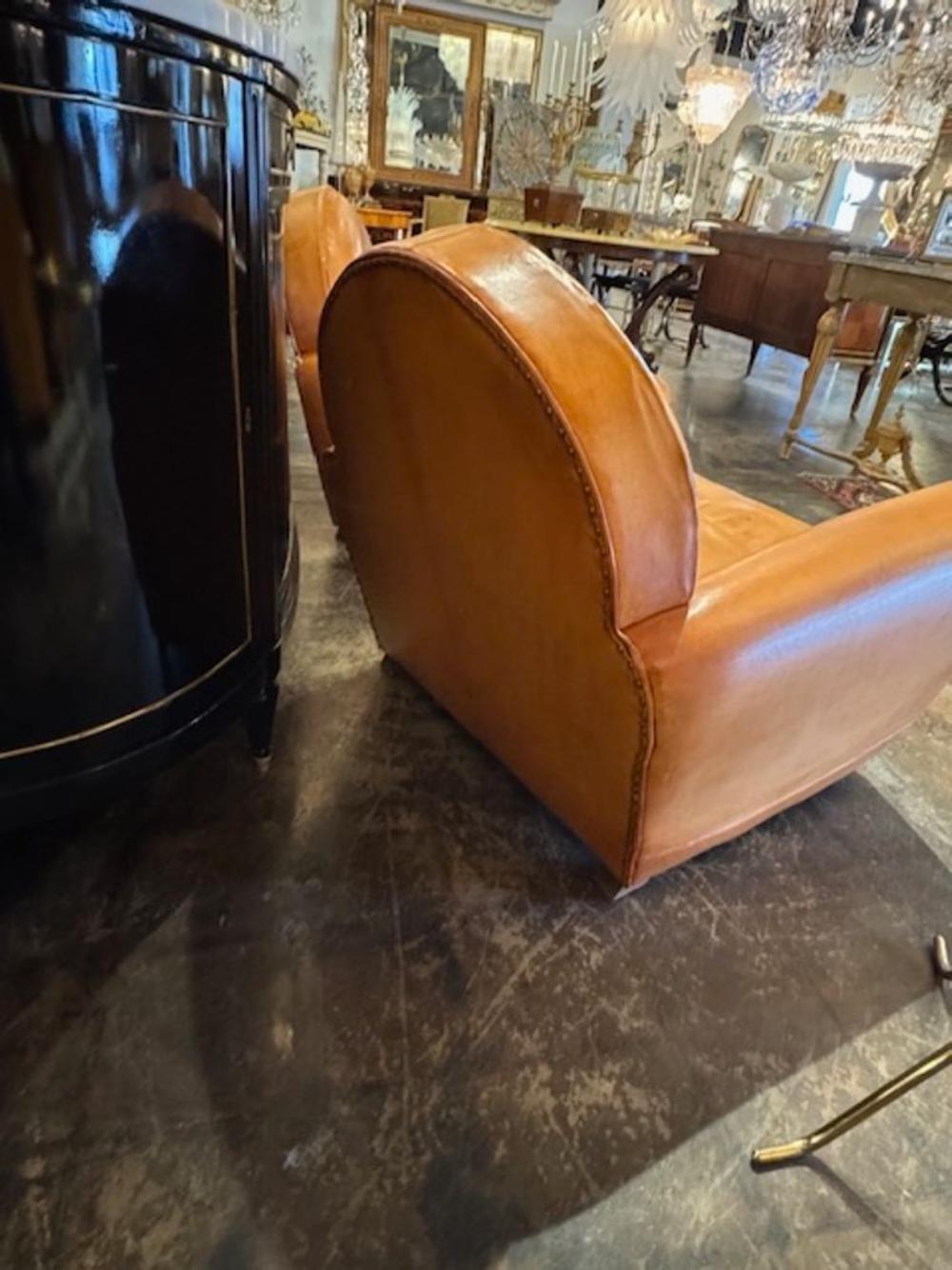 French Cognac Leather Club Chairs 2