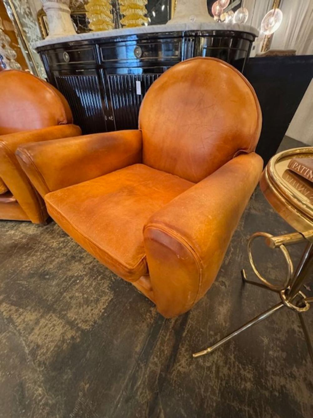 French Cognac Leather Club Chairs 4