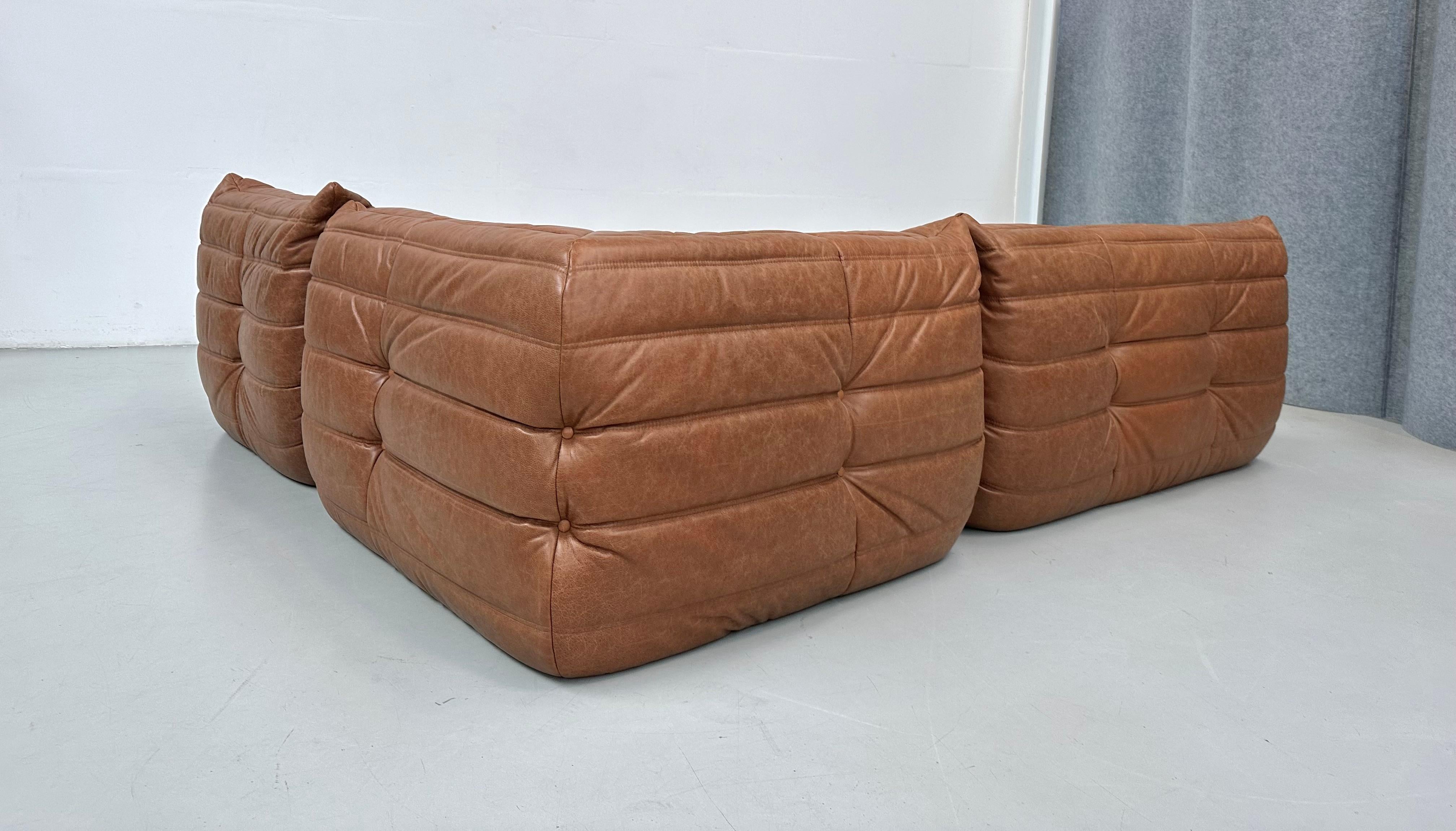 French Cognac Leather Togo Livingroomset  by Michel Ducaroy for Ligne Roset. For Sale 10