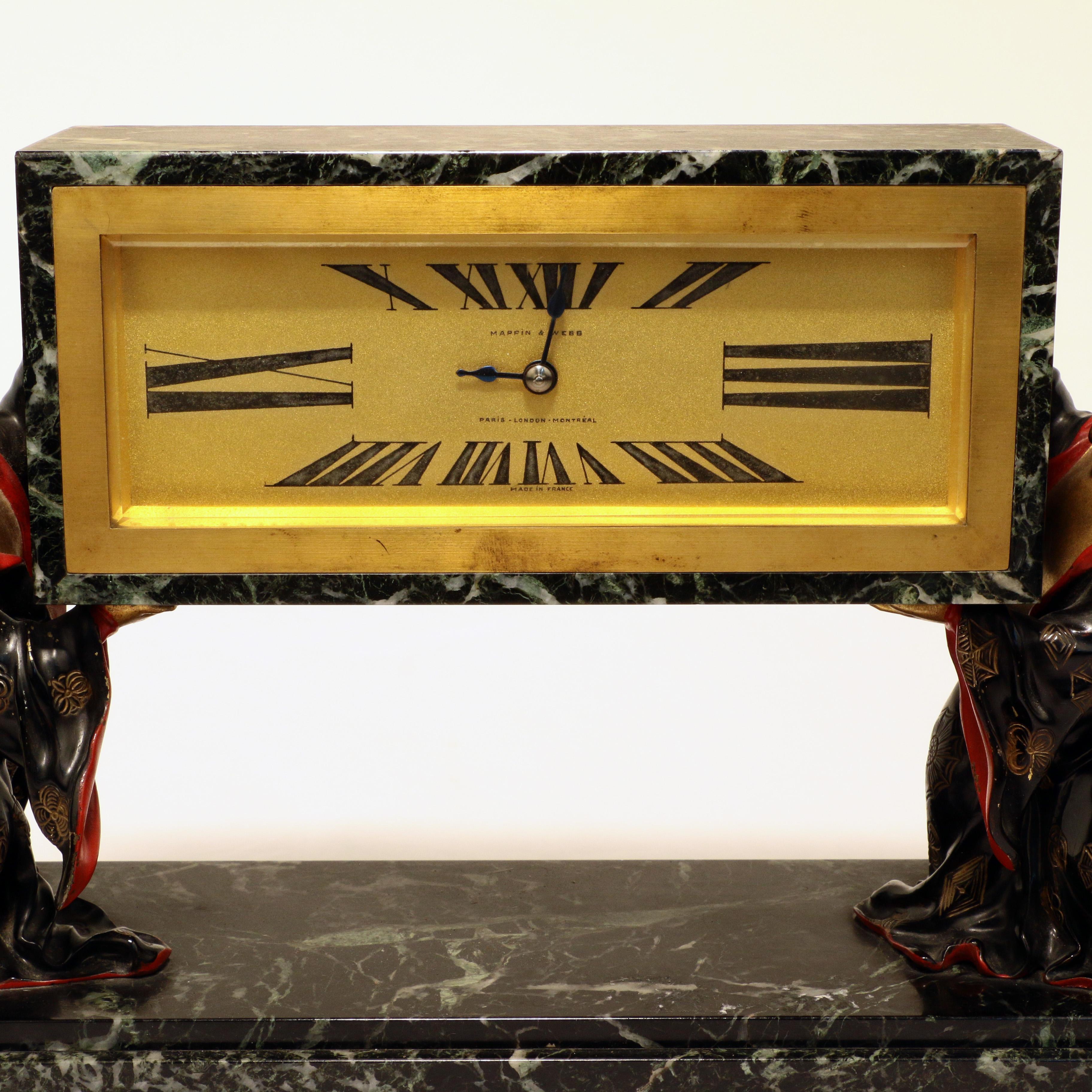 French Cold-Painted Bronze and Marble Art Deco Chinoiserie Mantel Clock In Good Condition For Sale In Montreal, QC