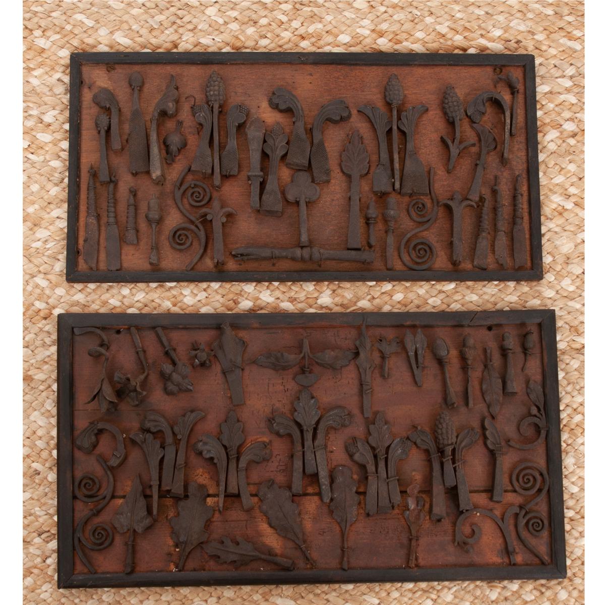 This French collection of forged iron fragments has been mounted to wooden boards for display. The dimensions of each board is:

Large: 12-¾”H x 23-½”W x ½”D

Small: 11-?”H x 22-¾”W x ½”D.