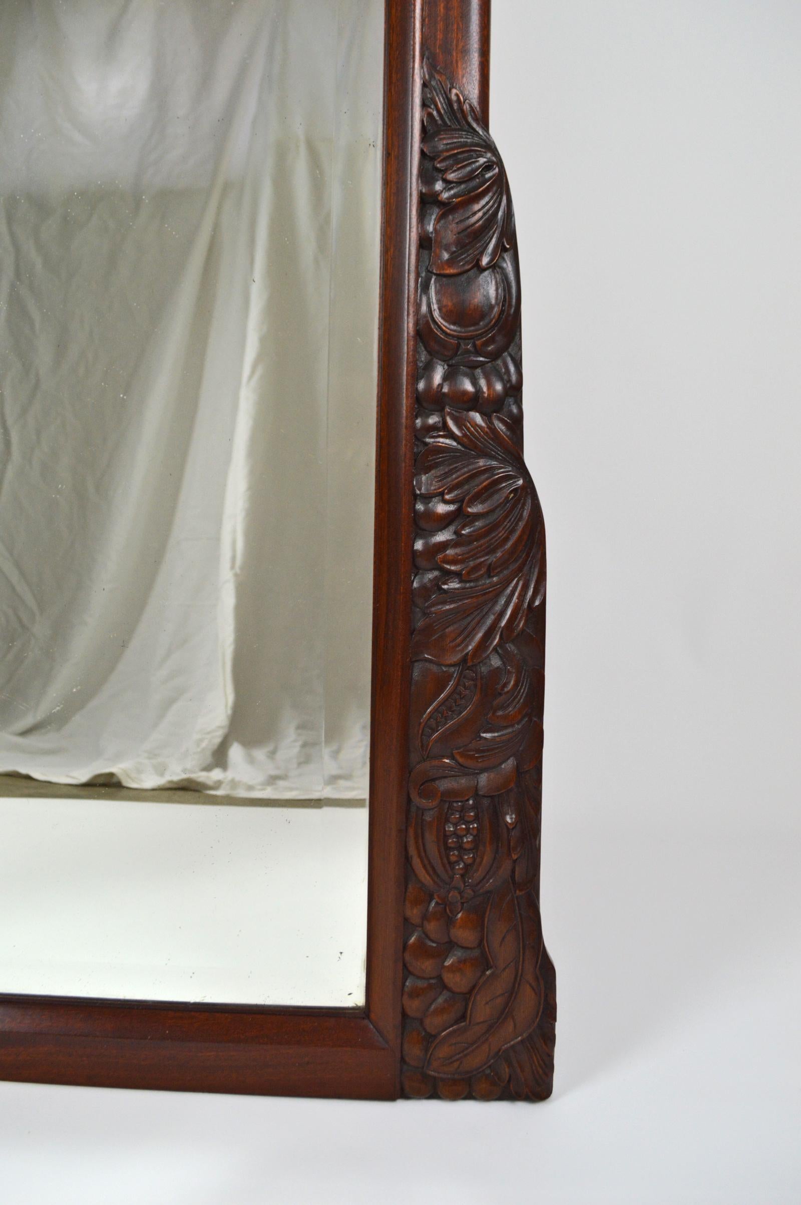 Beveled French Colonial Art Deco Carved Mahogany Fireplace Mantel Mirror, circa 1920