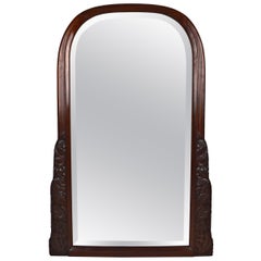 French Colonial Art Deco Carved Mahogany Fireplace Mantel Mirror, circa 1920