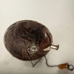 French Colonial Carved Coconut "Bugbear" Flask with Silver Mounts, 18/19th C.
