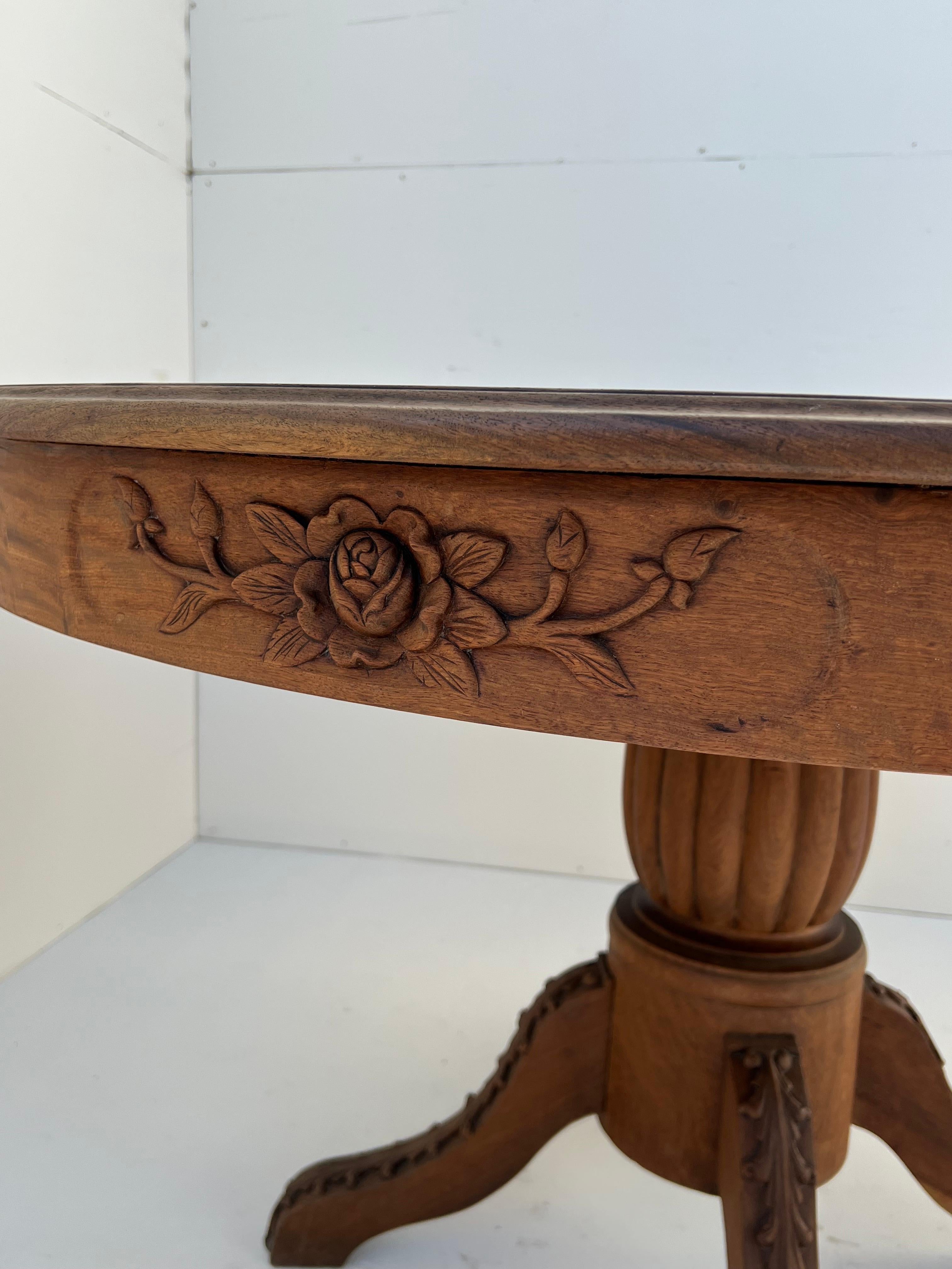 Hand-Carved French Colonial Craved Teak Dinning Table 1930's For Sale