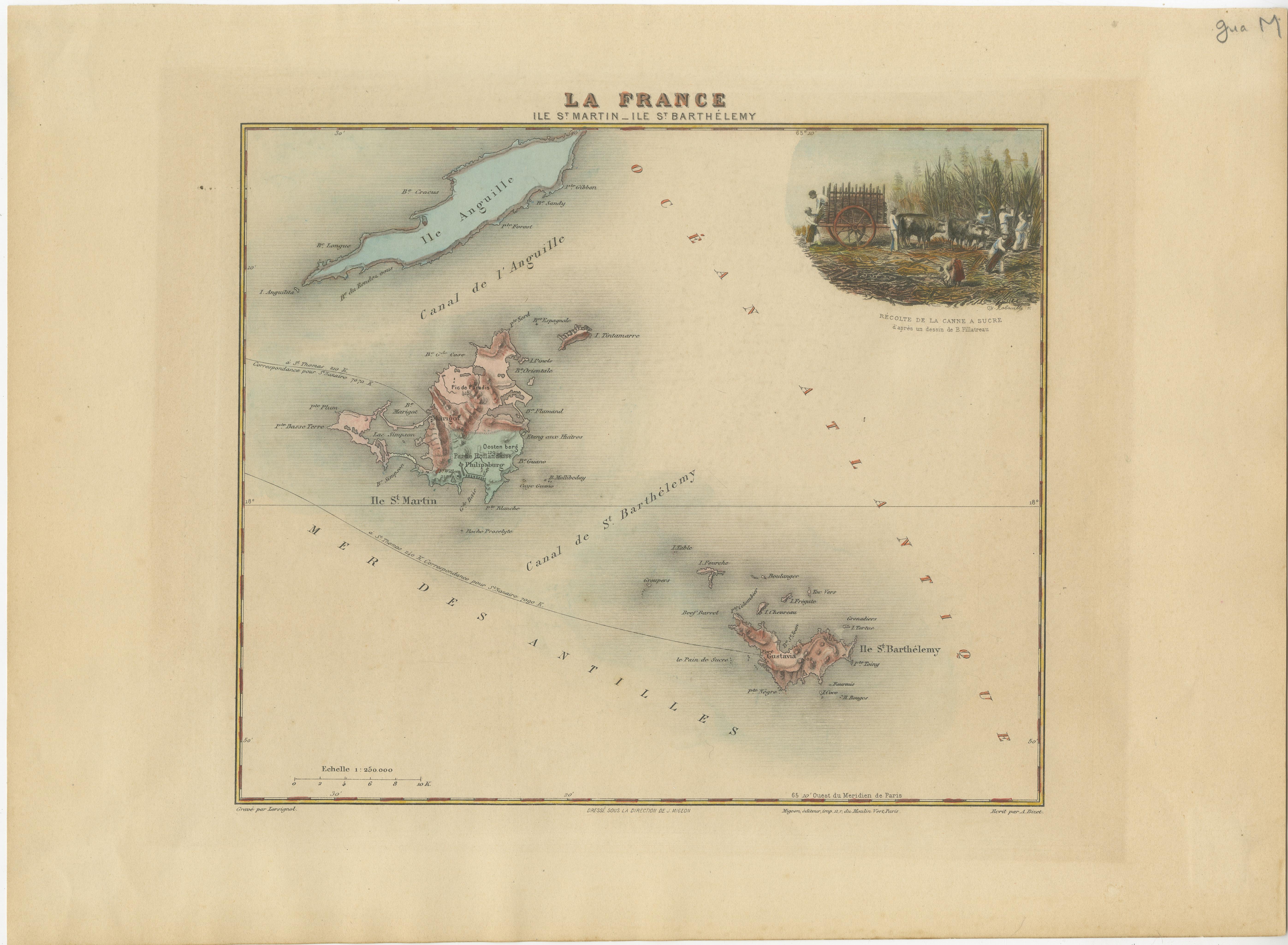 The circa 1890 map of St. Barth's, St. Martin, and Anguilla, a rare French Colonial map published in Paris by Migeon, provides intricate detail and historical insight into these Caribbean islands during that period.

**Title:** Rare French Colonial