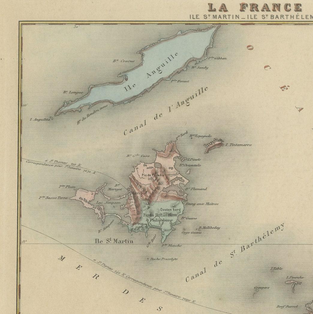 19th Century French Colonial Map of the Islands of St. Barths, St. Martin and Anguilla, 1890