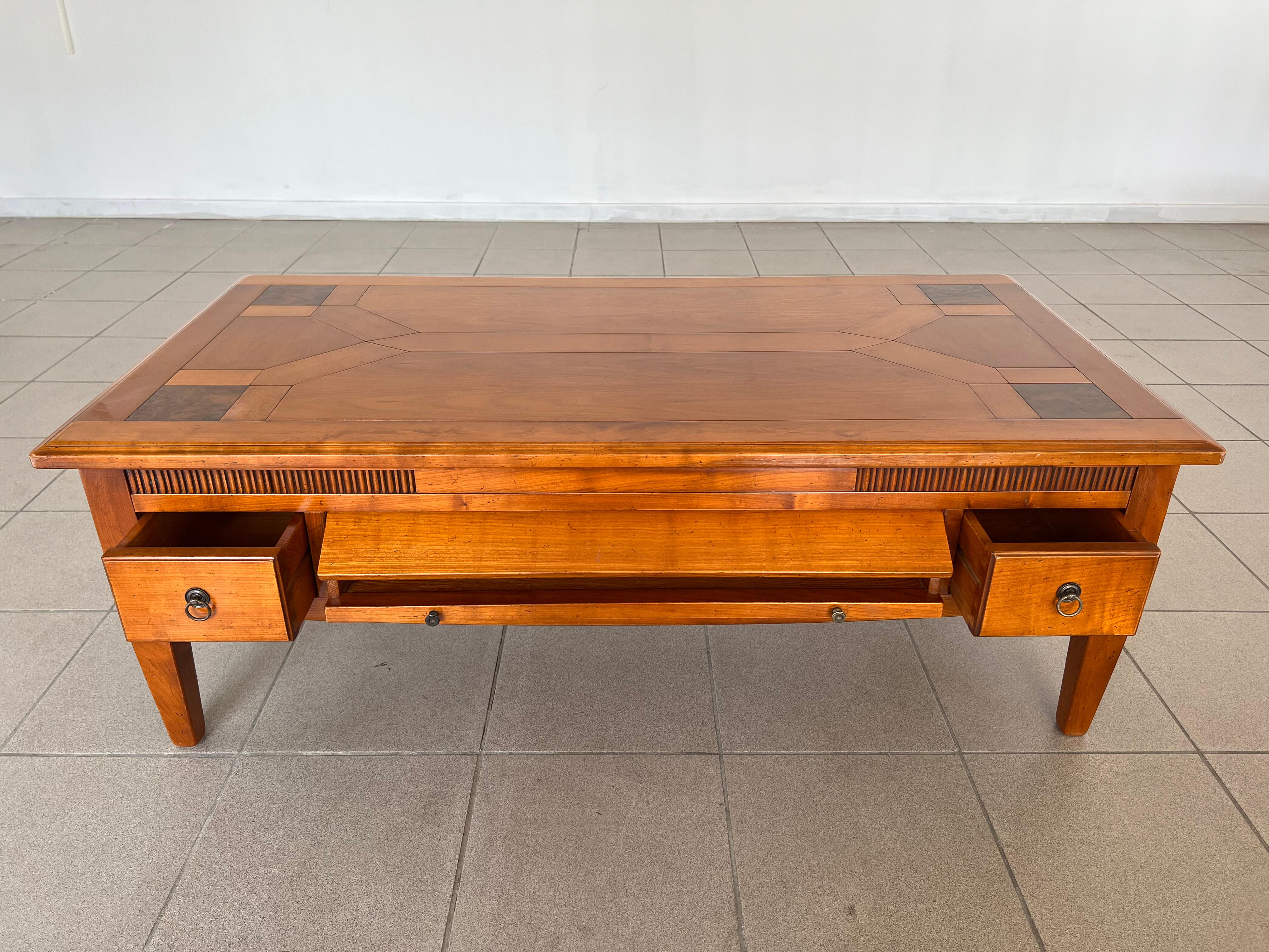 Fruitwood French Colonial Mid-Century Modern Style Coffee Table With Drawers For Sale