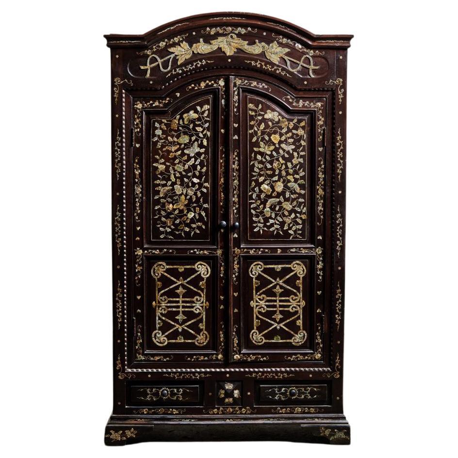 French Colonial Rosewood Armoire with Inlaid Mother of Pearl For Sale