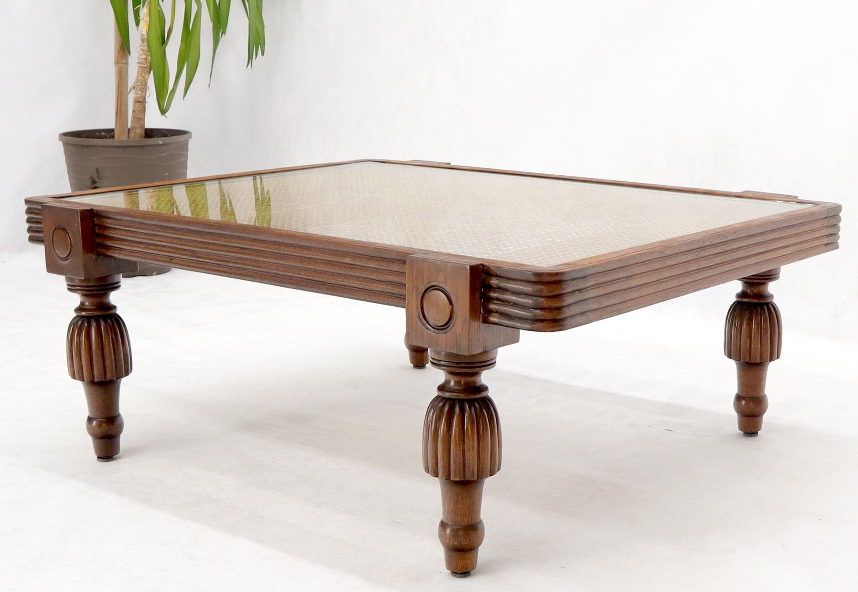 20th Century French Colonial Spanish Style Wide Rectangle Coffee Table Cane Top Fluted Legs
