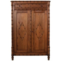 Antique French Colonial Style Faux Bamboo Pitch Pine Armoire Cabinet, circa 1900