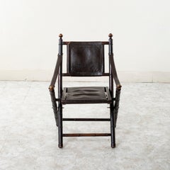 French Colonial Walnut Faux Bamboo and Leather Folding Deck Chair, circa 1900