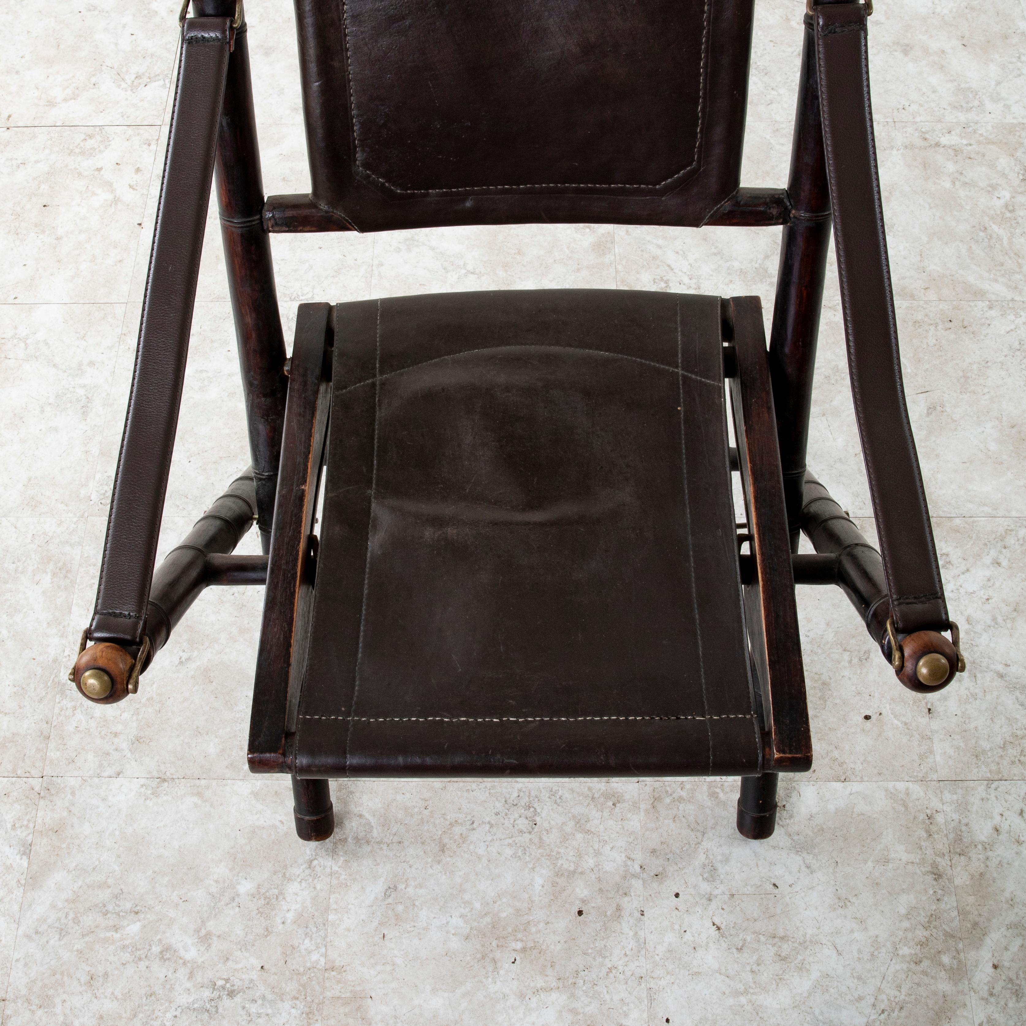 French Colonial Walnut Faux Bamboo and Leather Folding Deck Chair, circa 1900 For Sale 2