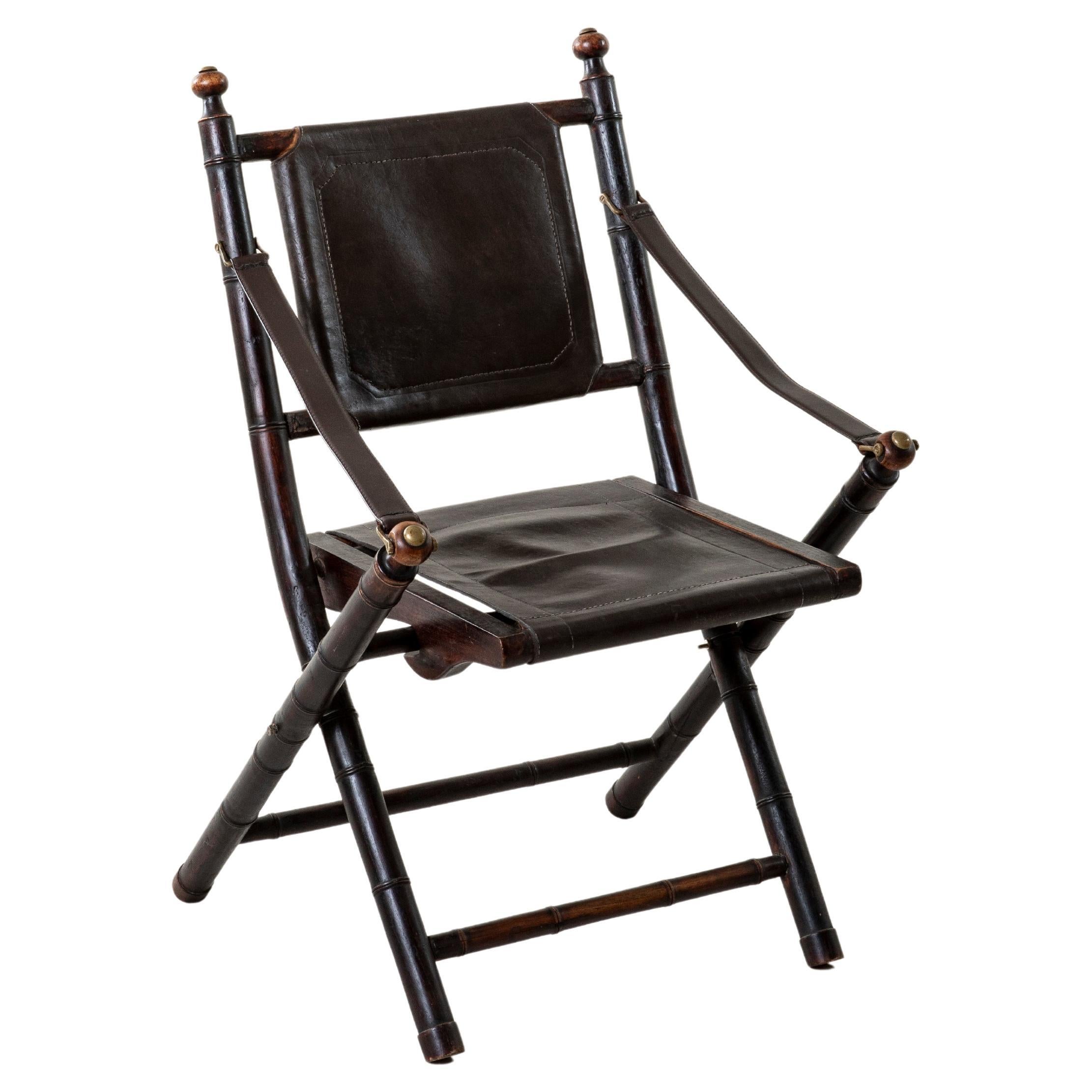 French Colonial Walnut Faux Bamboo and Leather Folding Deck Chair, circa 1900 For Sale