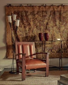 French Colonial Wood + Cognac Leather Armchair, 1944