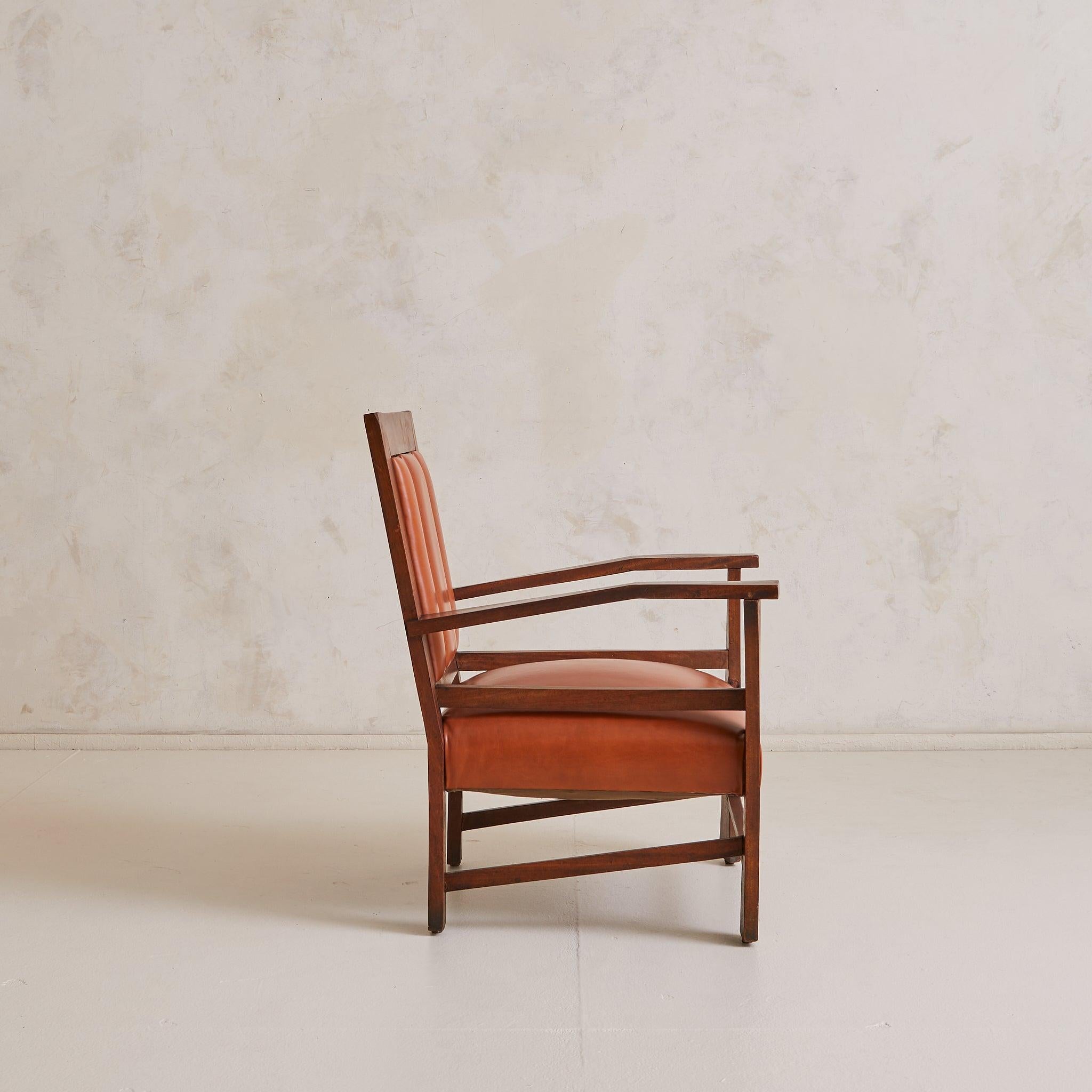 French Colonial Wood + Cognac Leather Armchair, 1944 Moderno de mediados de siglo en venta