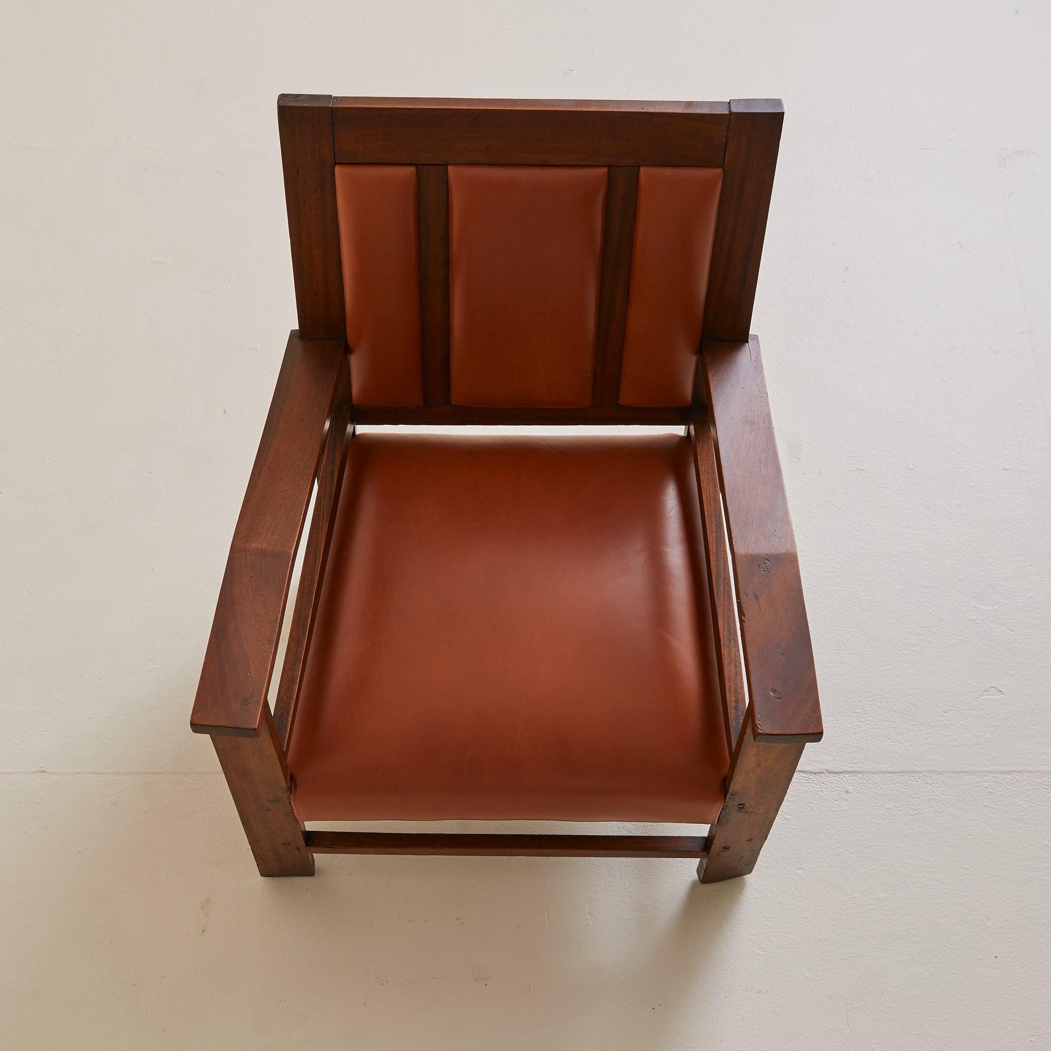 French Colonial Wood + Cognac Leather Armchair, 1944 en Bueno estado para la venta en Chicago, IL