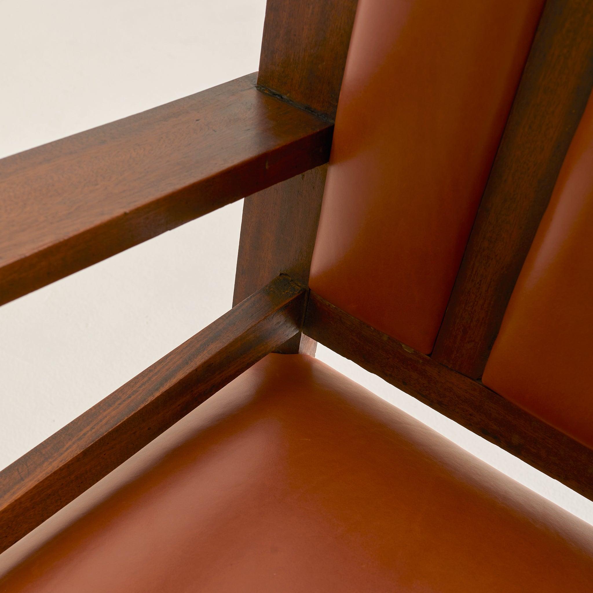 French Colonial Wood + Cognac Leather Armchair, 1944 Cuero en venta