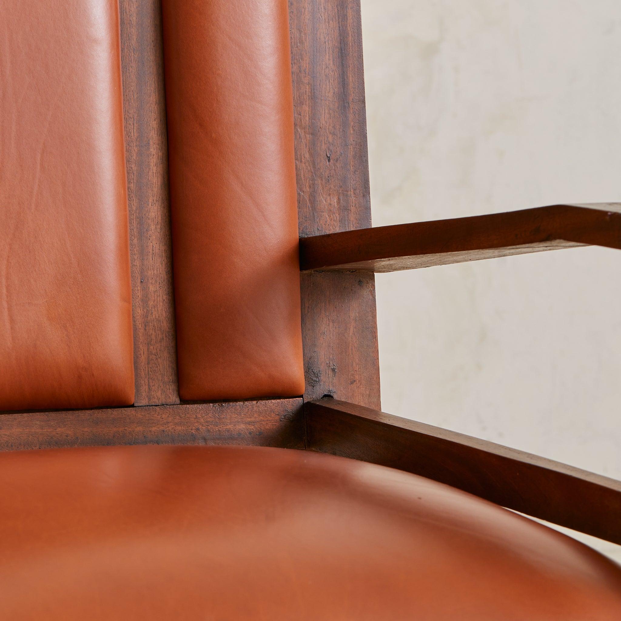 French Colonial Wood + Cognac Leather Armchair, 1944 en venta 1