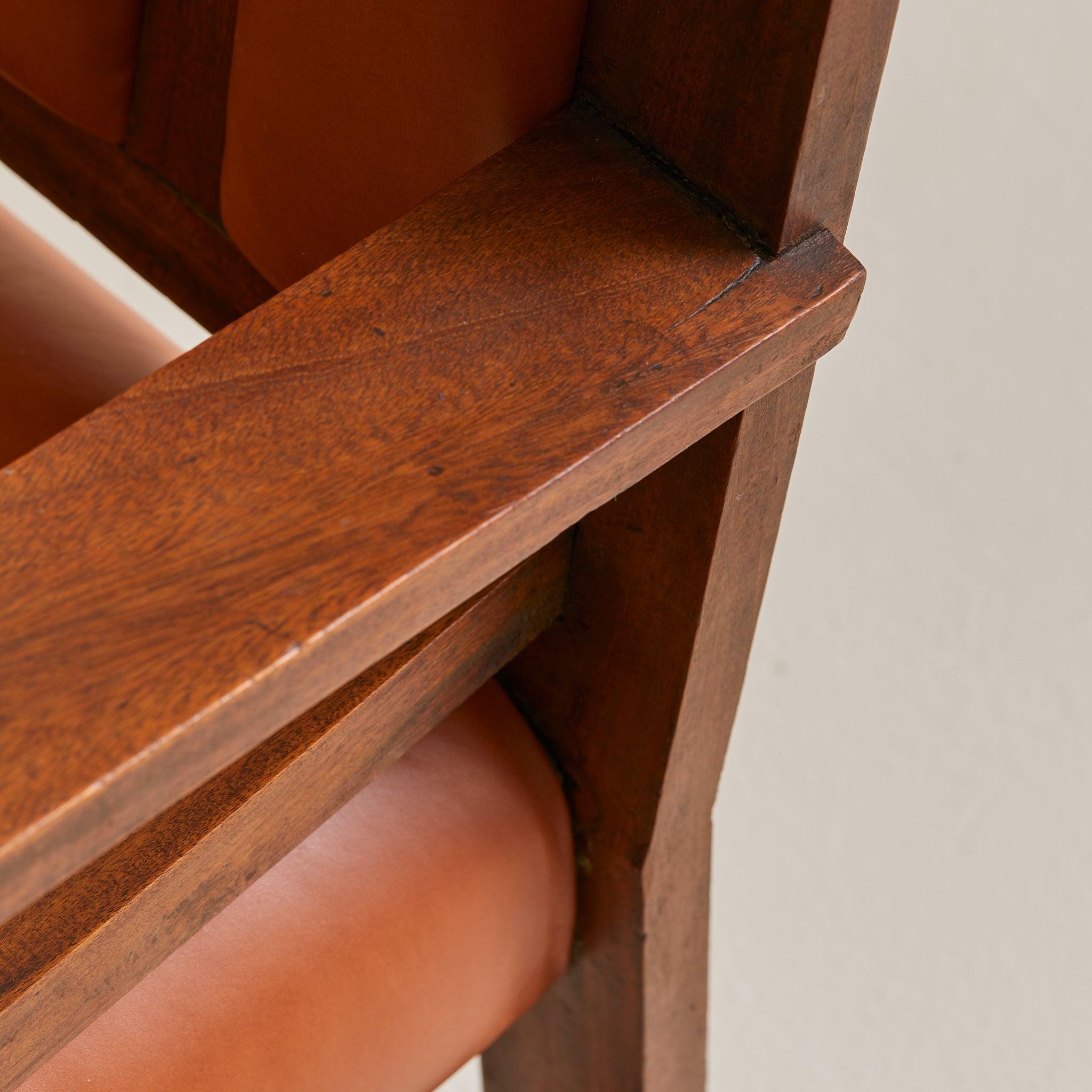 French Colonial Wood + Cognac Leather Armchair, 1944 en venta 2