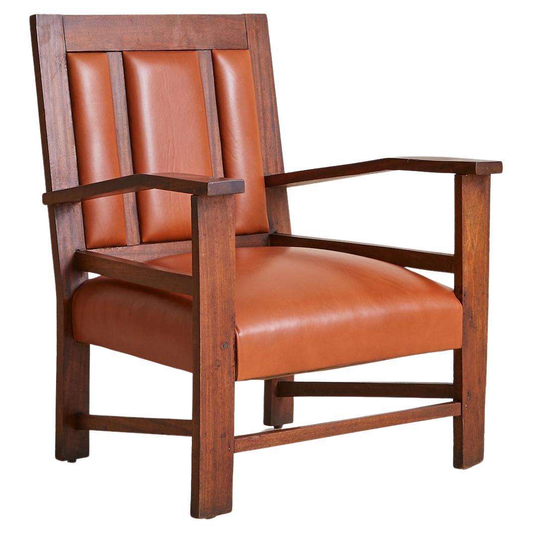 French Colonial Wood + Cognac Leather Armchair, 1944