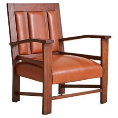 French Colonial Wood + Cognac Leather Armchair, 1944