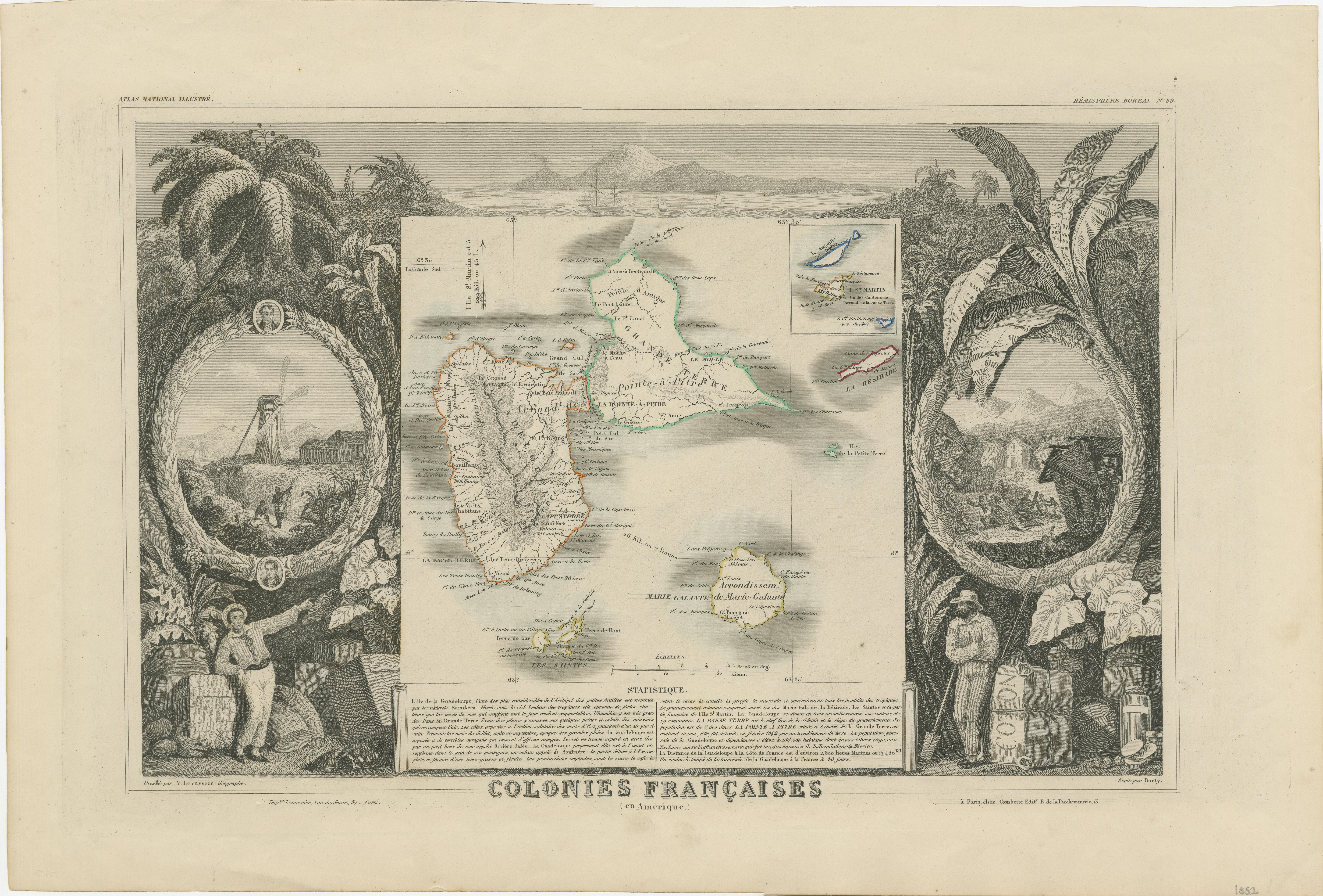 Französische Kolonien in der Karibik: Karten von Martinique und Guadeloupe (1852) (Graviert) im Angebot