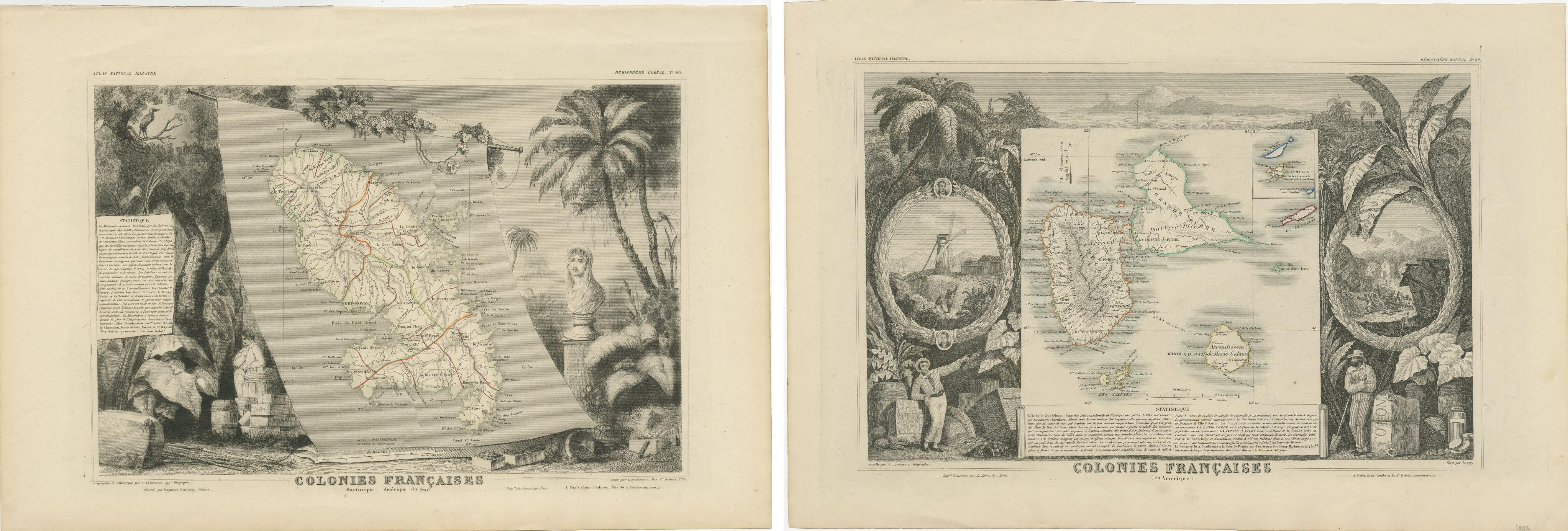 Französische Kolonien in der Karibik: Karten von Martinique und Guadeloupe (1852) im Zustand „Gut“ im Angebot in Langweer, NL