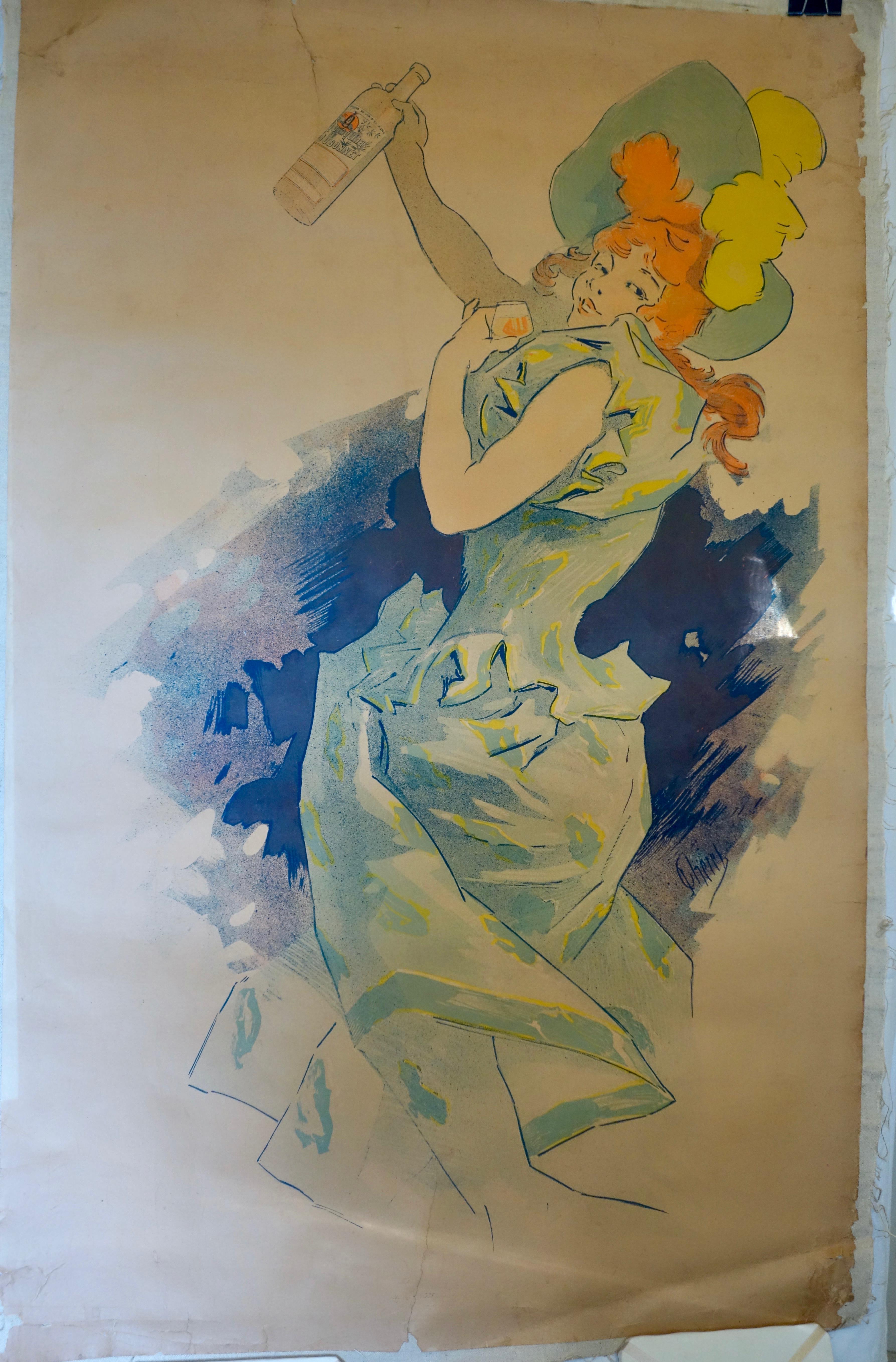 French color lithograph poster on linen for Quinquina Dubonnet by Jules Chéret, 1895.
An original color Belle Époque lithograph, signed in image lower right in the blue part. This is one of the earliest sketch posters made for the company. An