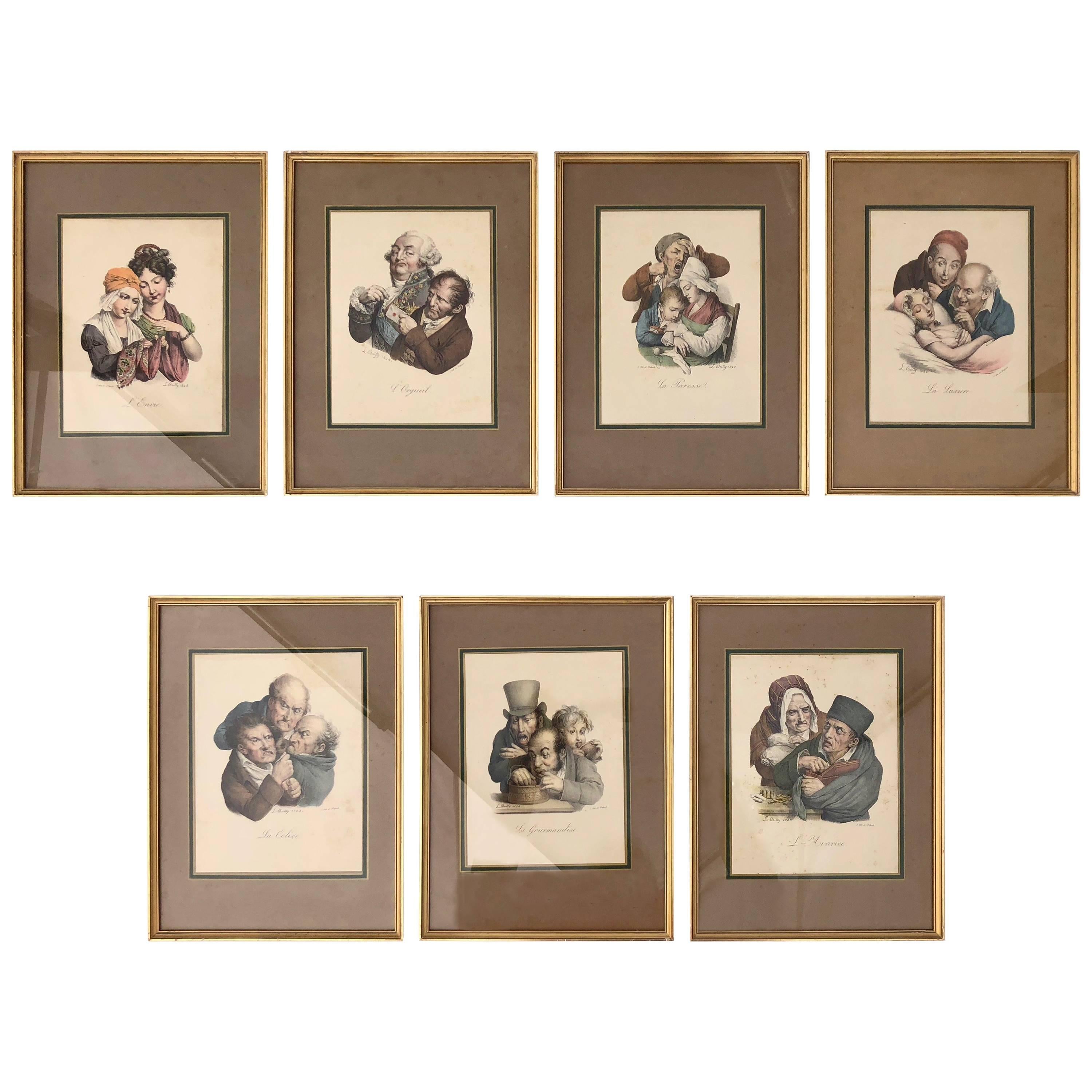 Französische farbige Lithografien des Cartoonisten Louis Leopold Boilly, „Die sieben Früchte“ im Angebot