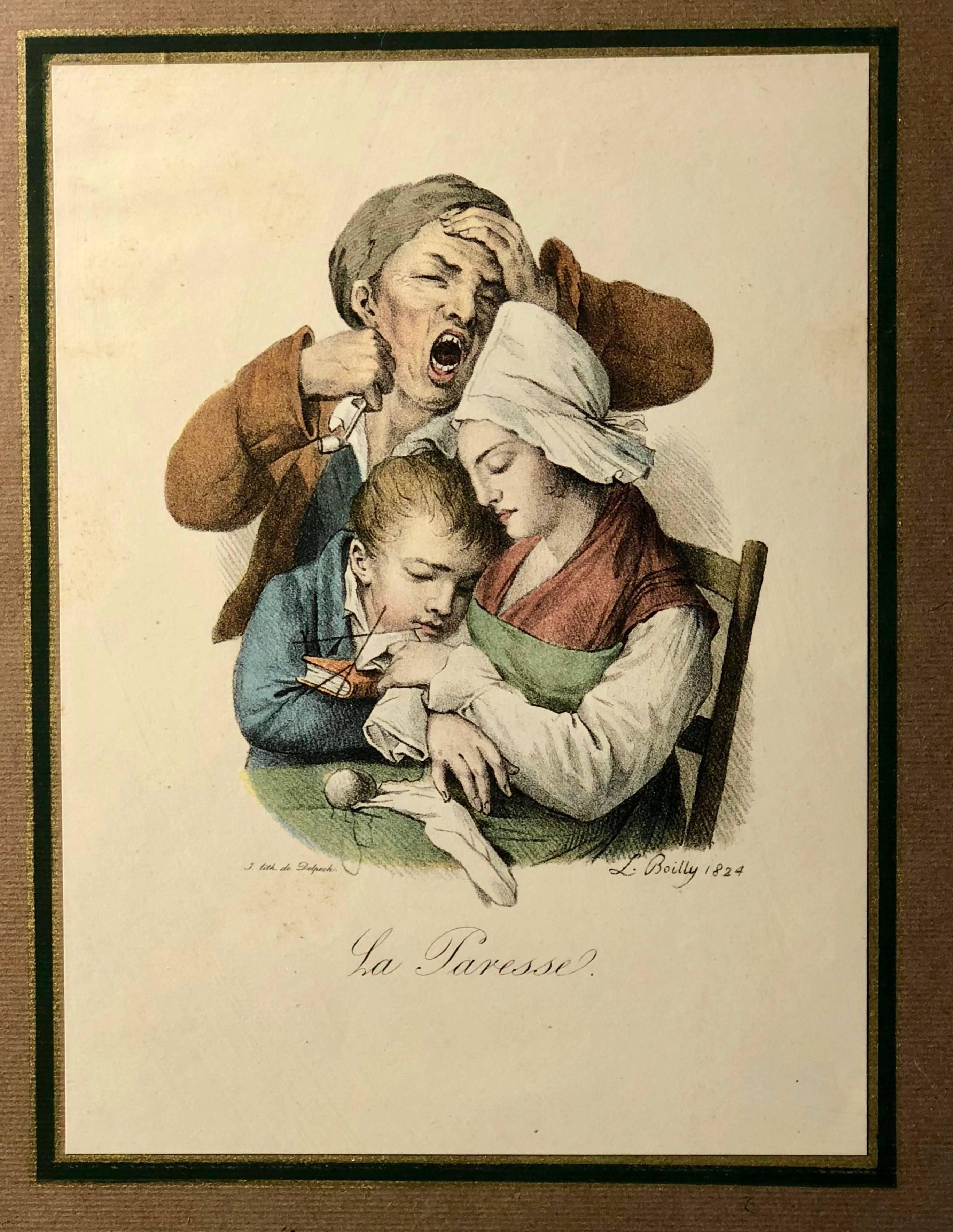 French Colored Lithographs by Cartoonist Louis Leopold Boilly, the Seven Sins In Good Condition For Sale In Petaluma, CA