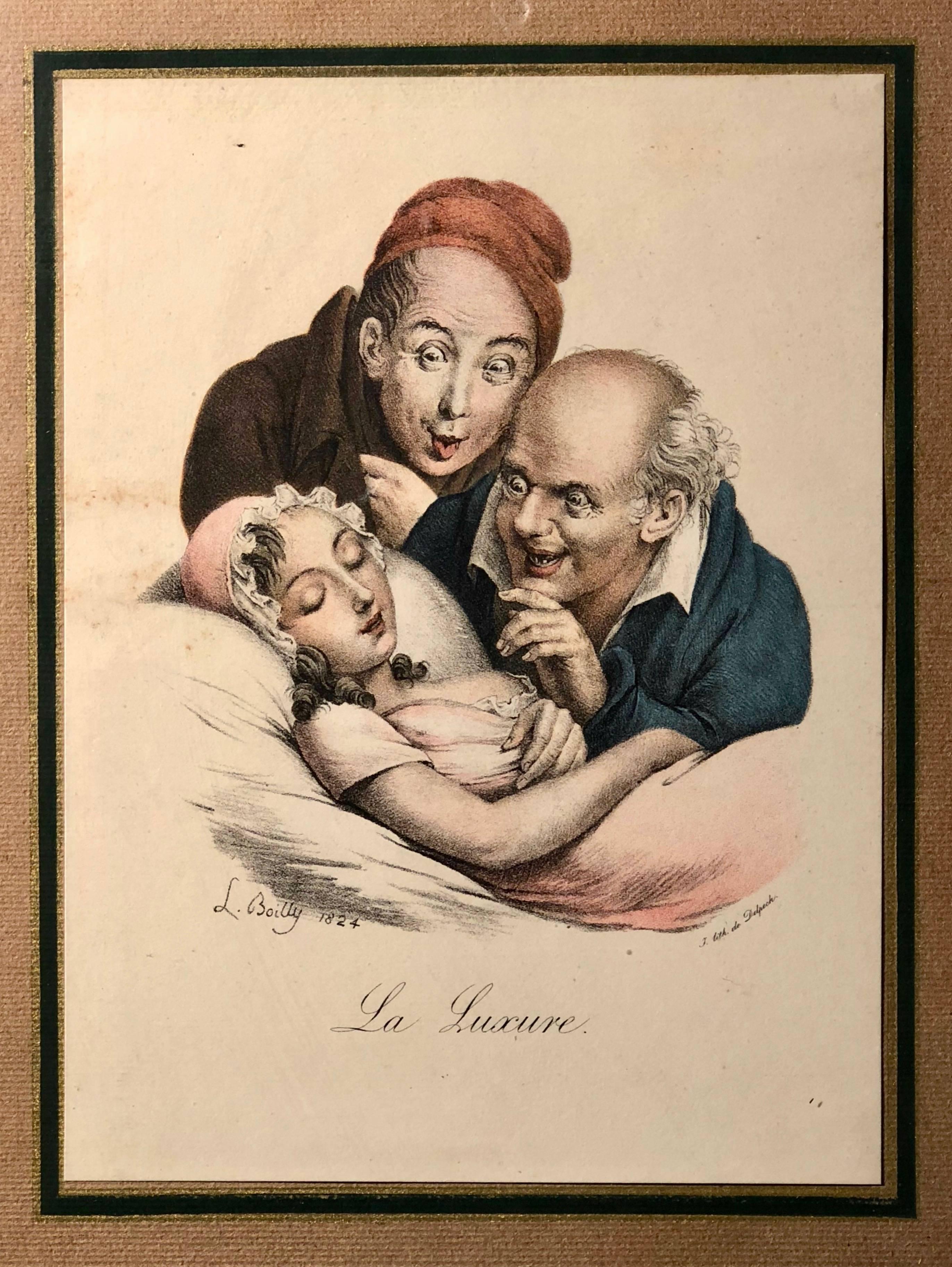 19th Century French Colored Lithographs by Cartoonist Louis Leopold Boilly, the Seven Sins For Sale