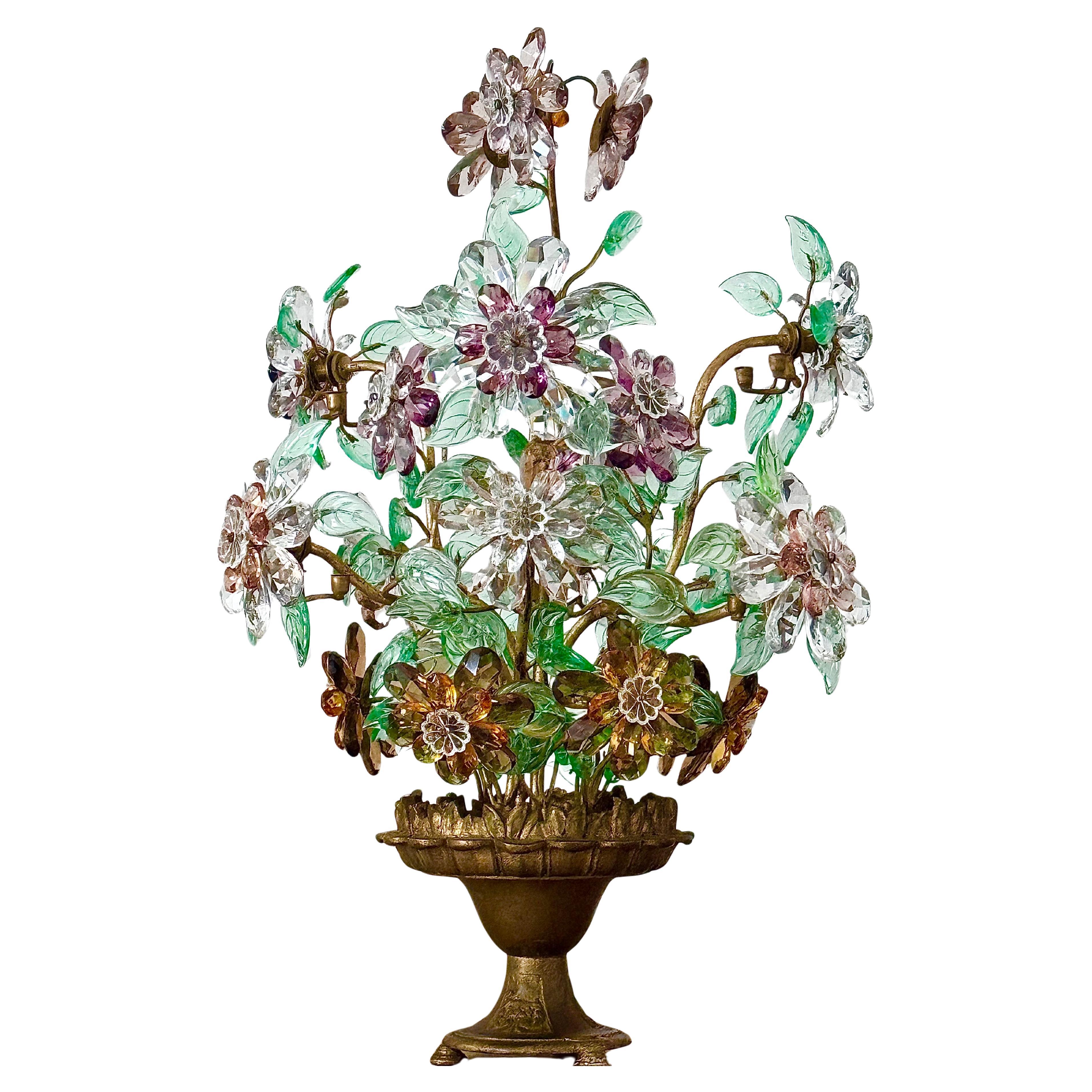 Französischer farbenfroher Glas-Blumenblatt- und Bronze-Kandelaber mit 12 Lichtern, 19. Jahrhundert