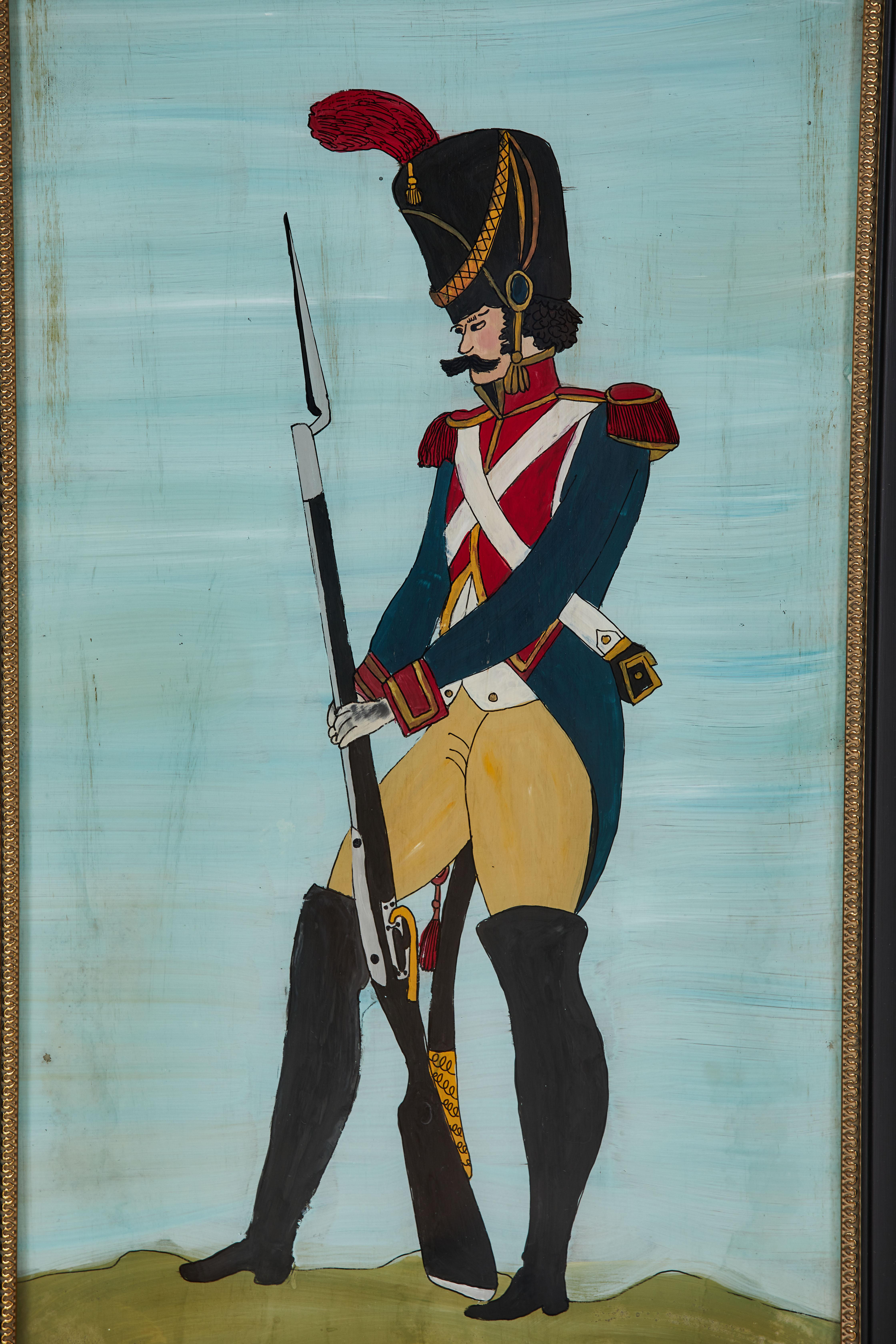 French colorful soldier painting in regalia, the piece is newly framed.